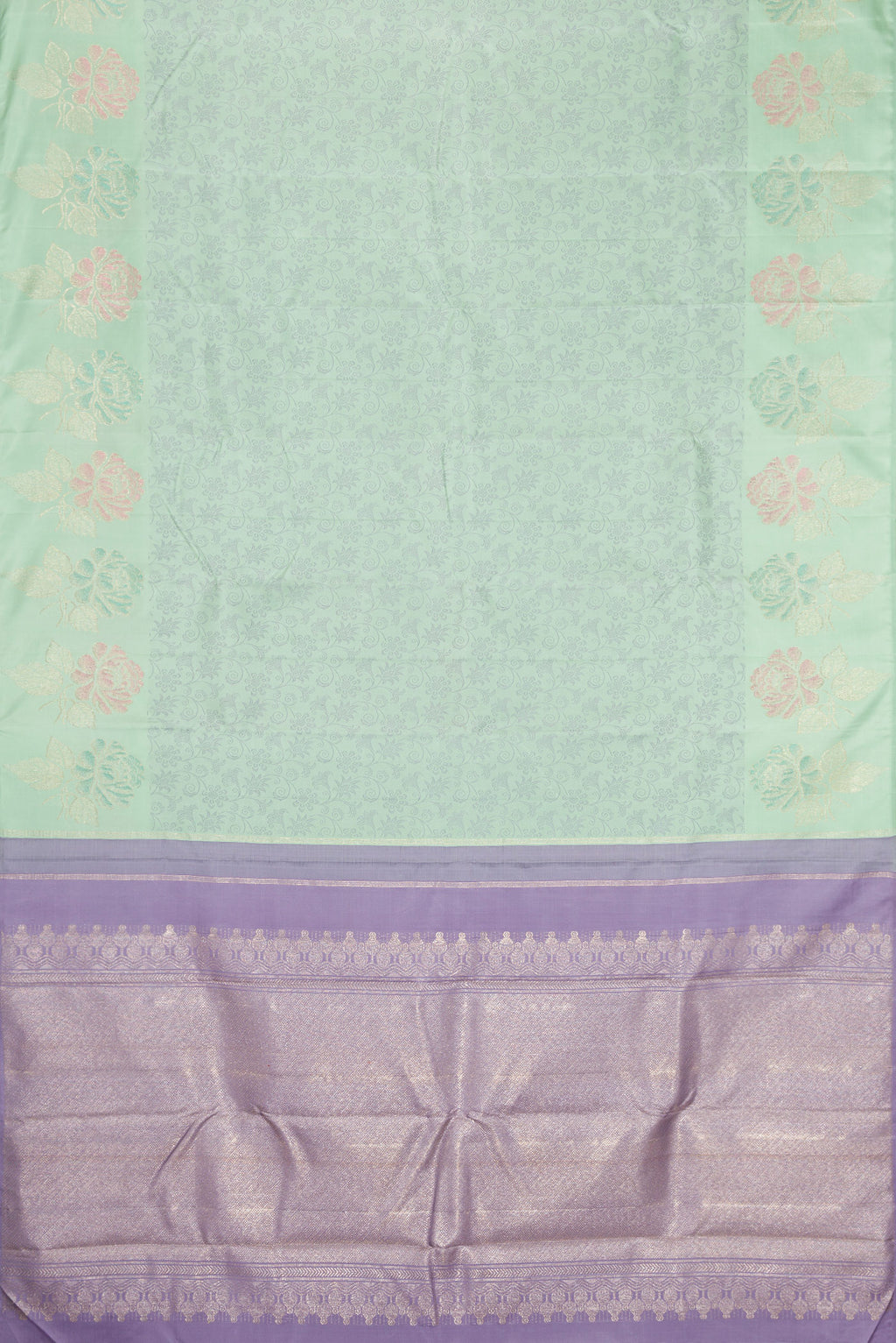 Flat view of Light Green Kanchipuram Silk Saree with Jacquard design on the body and Fancy Border. 