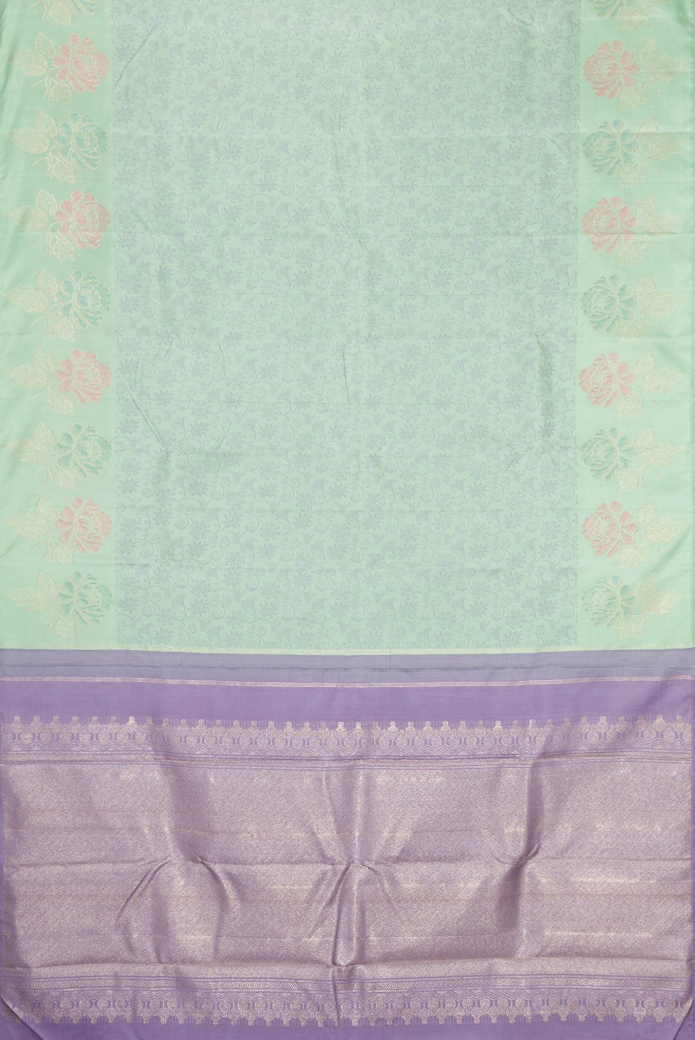 Flat view of Light Green Kanchipuram Silk Saree with Jacquard design on the body and Fancy Border. 