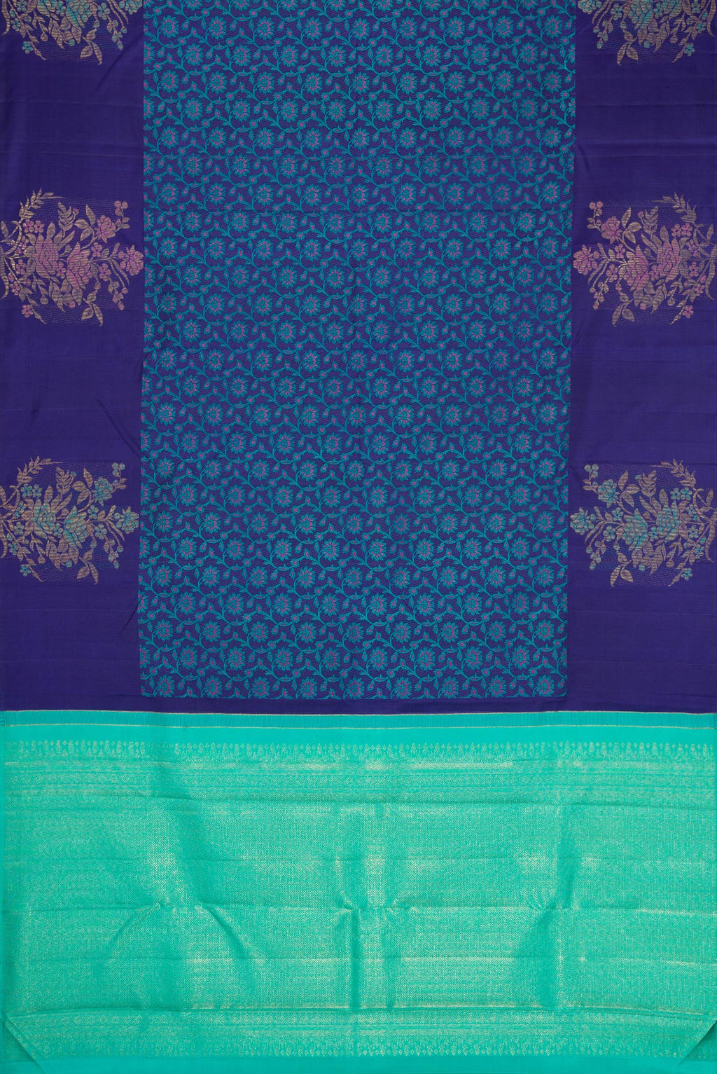 Flat view of Navy Blue Kanchipuram Silk Saree with Jacquard design on the body and Fancy Border. 