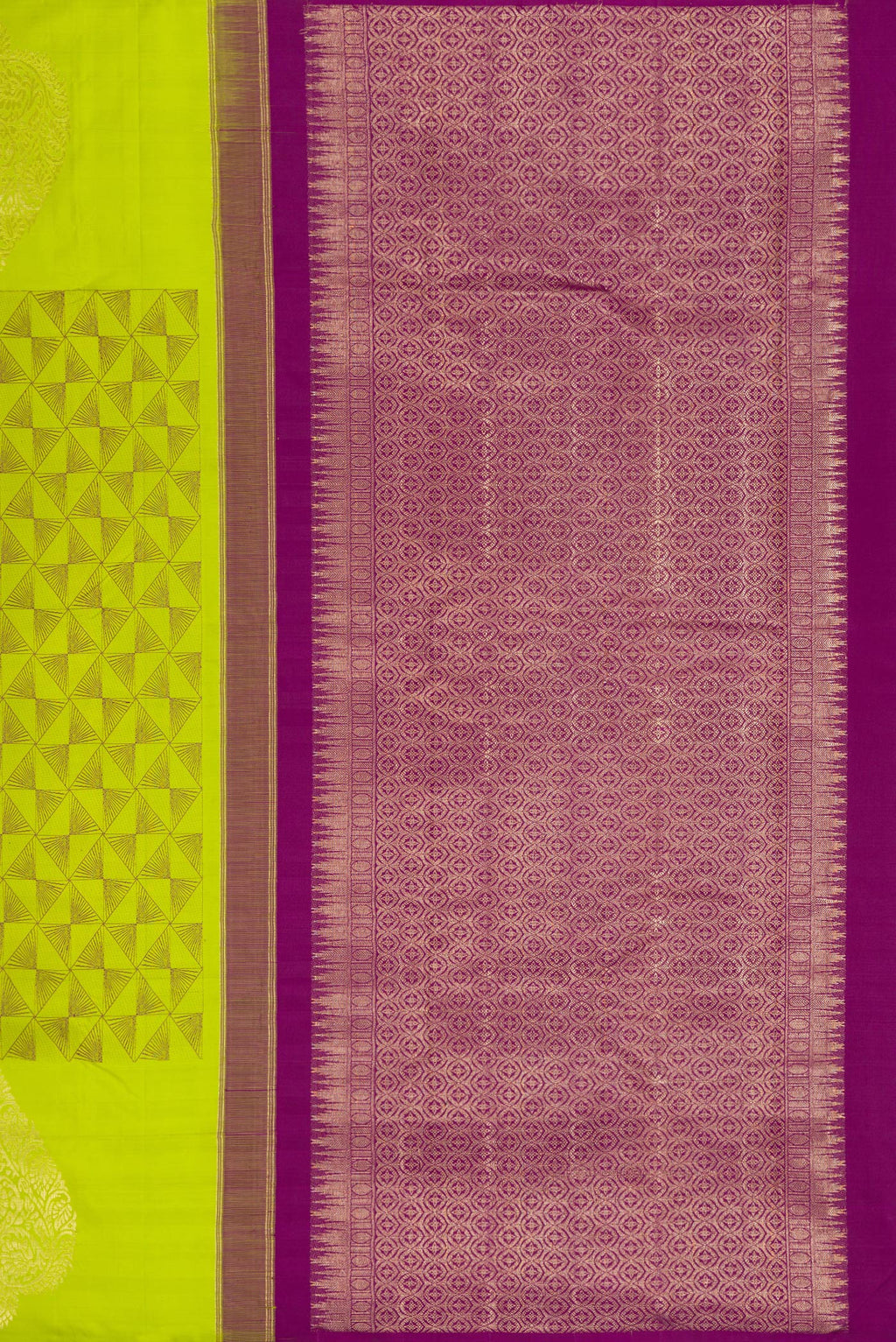 Close up image of the pallu of Parrot Green Kanjivaram Silk Saree with Jacquard design on the body and Fancy Border. 