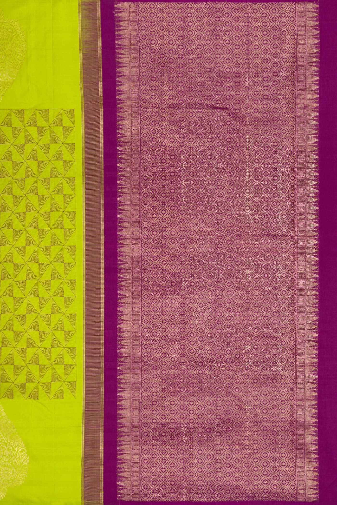 Close up image of the pallu of Parrot Green Kanjivaram Silk Saree with Jacquard design on the body and Fancy Border. 