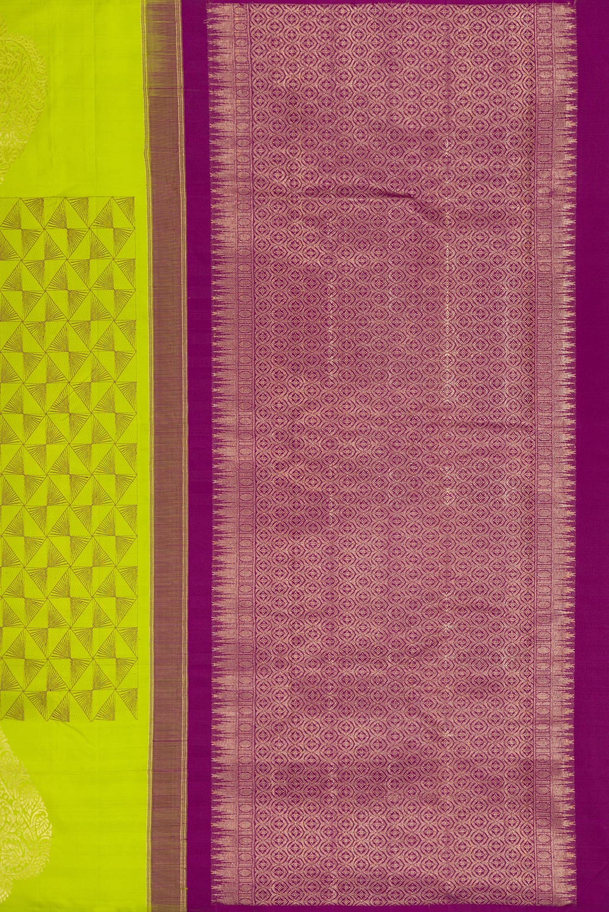 Close up image of the pallu of Parrot Green Kanjivaram Silk Saree with Jacquard design on the body and Fancy Border. 