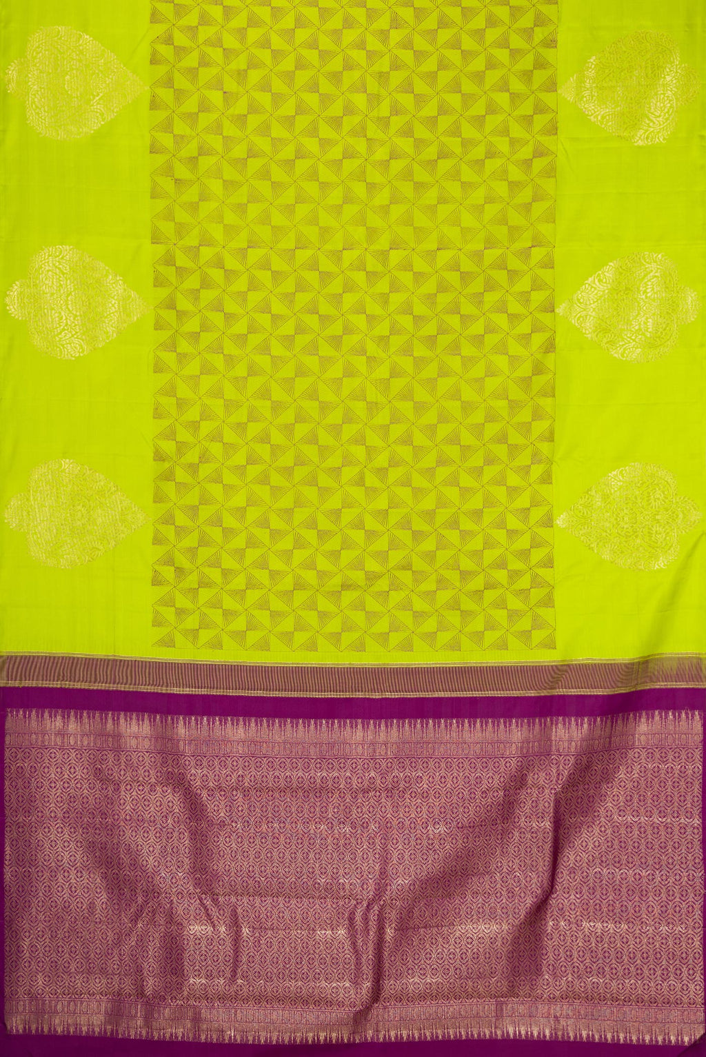 Flat view of Parrot Green Kanjivaram Silk Saree with Jacquard design on the body and Fancy Border. 