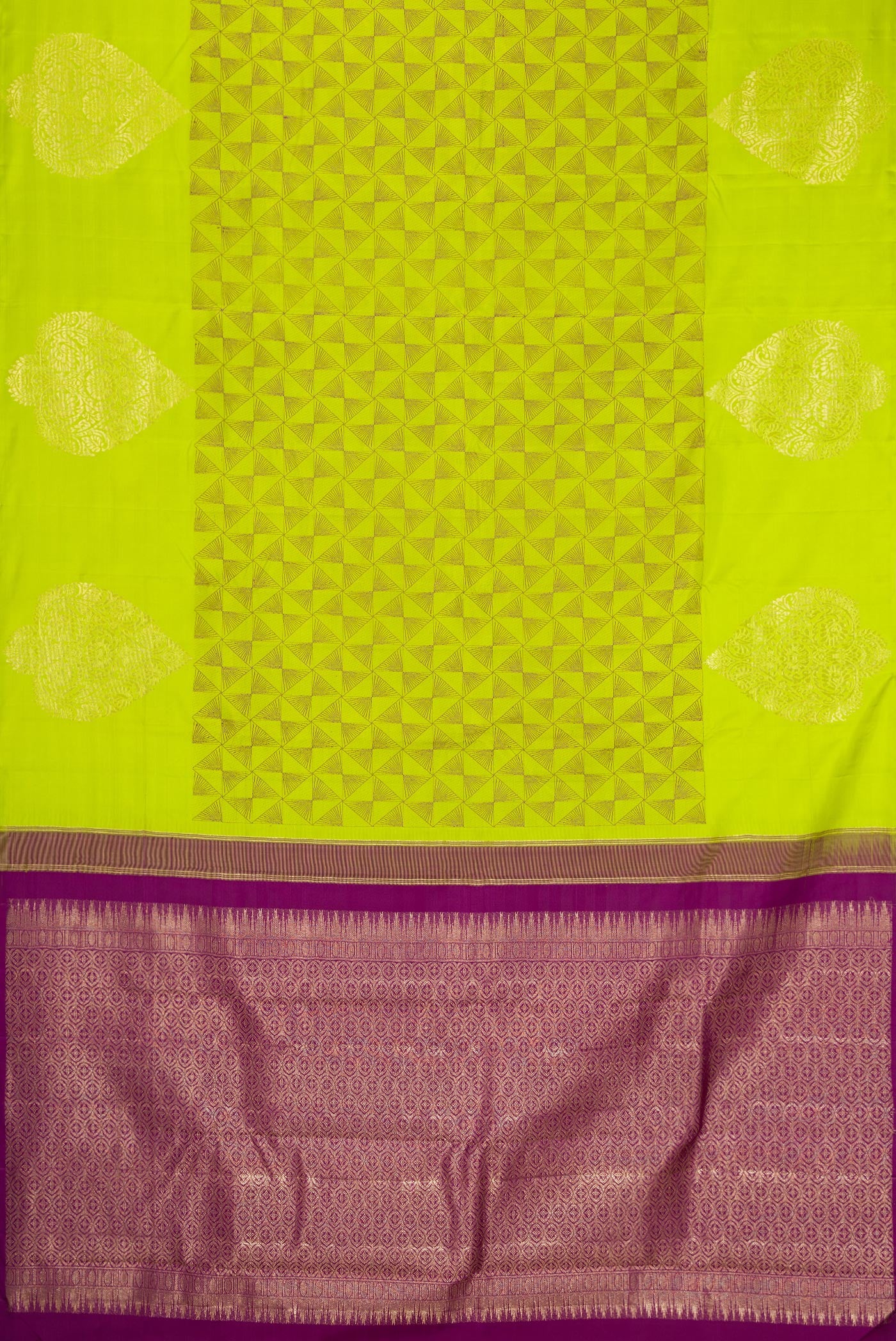 Flat view of Parrot Green Kanjivaram Silk Saree with Jacquard design on the body and Fancy Border. 