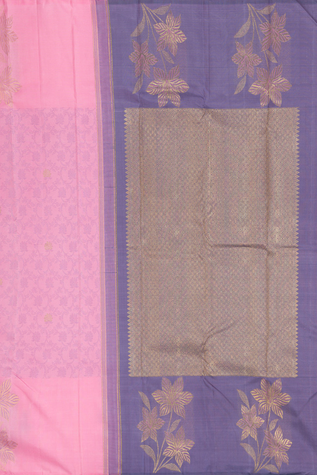 Close up image of the pallu of Pink Kanchipuram Silk Saree with Jacquard design on the body and Fancy Border. 