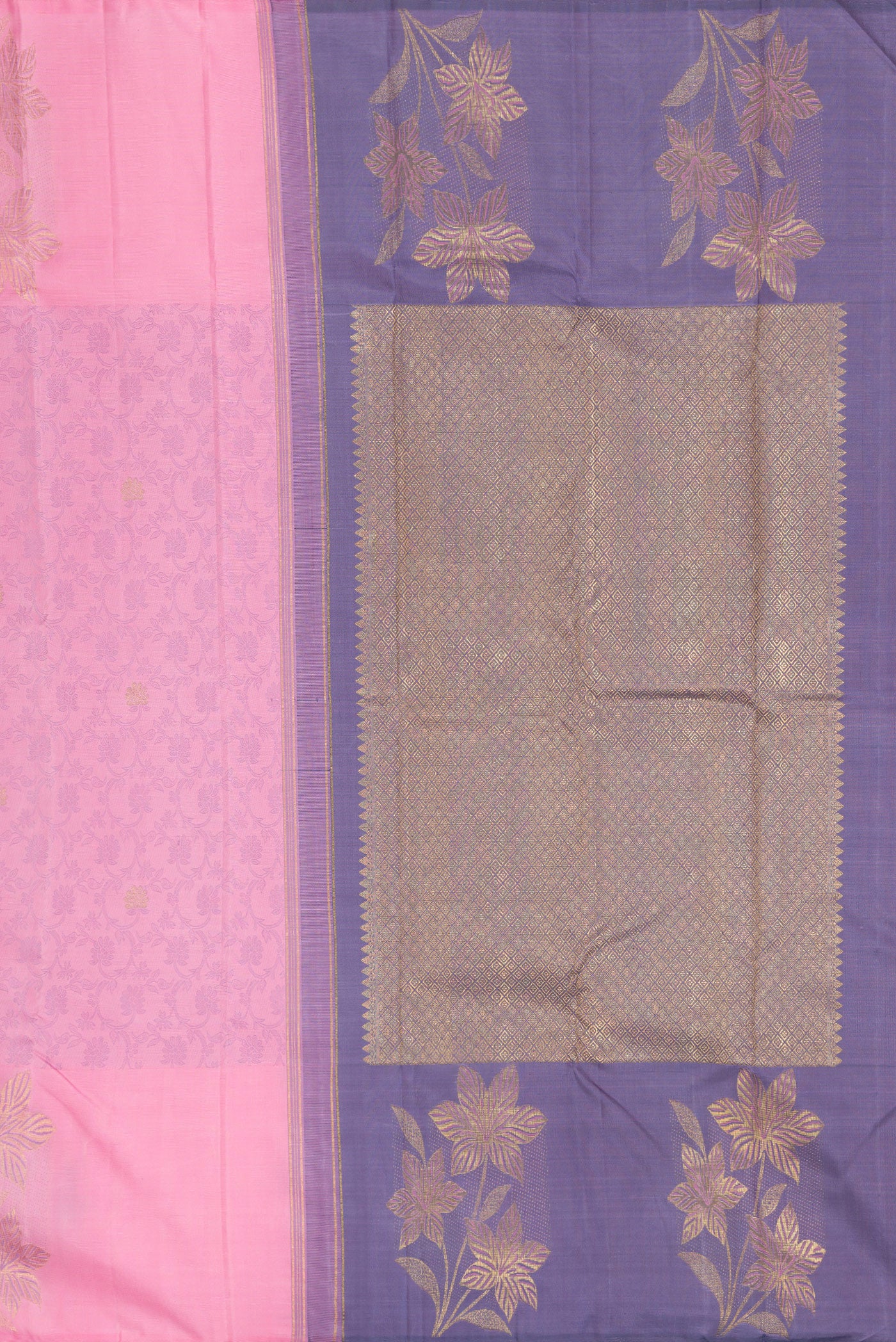 Close up image of the pallu of Pink Kanchipuram Silk Saree with Jacquard design on the body and Fancy Border. 