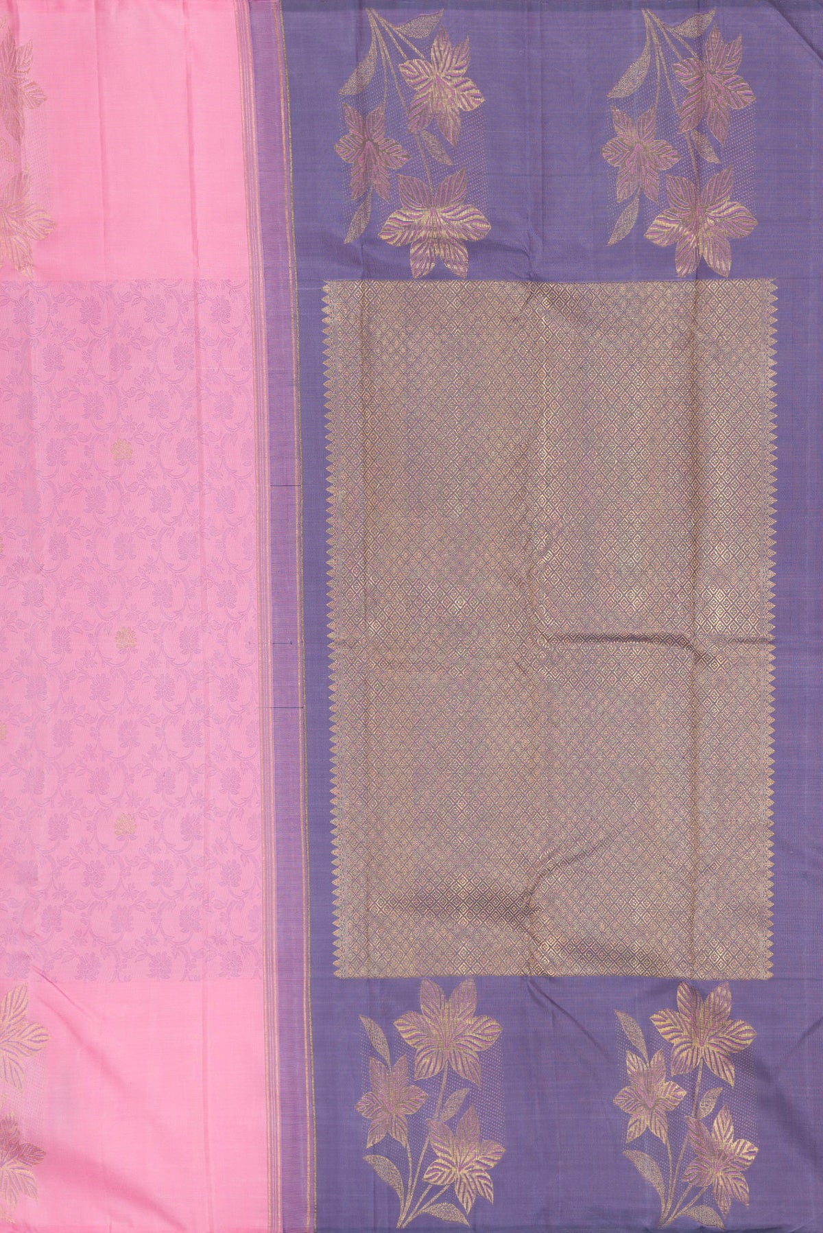 Close up image of the pallu of Pink Kanchipuram Silk Saree with Jacquard design on the body and Fancy Border. 
