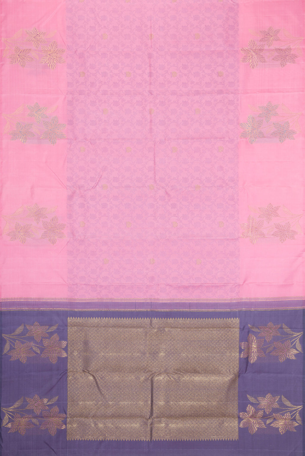 Flat view of Pink Kanchipuram Silk Saree with Jacquard design on the body and Fancy Border. 