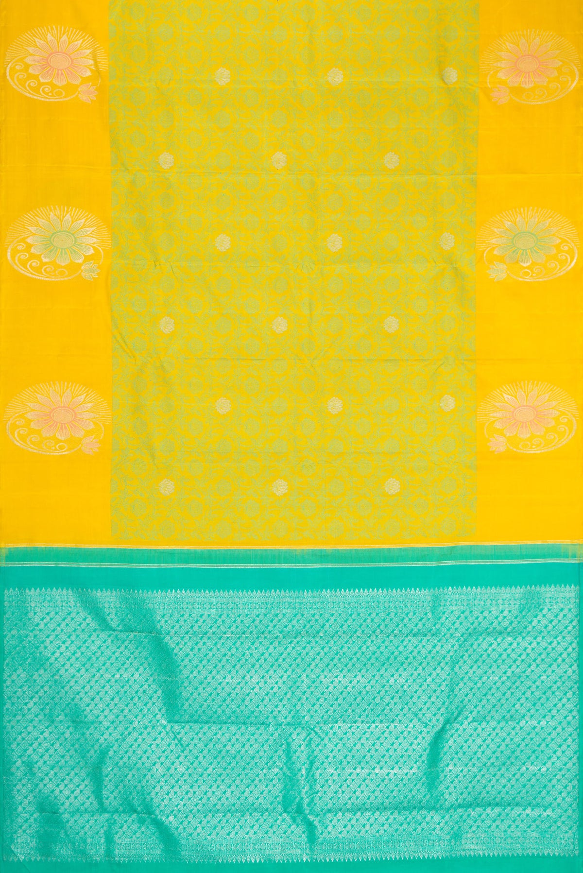 Flat view of Lemon Yellow Kanjivaram Silk Saree with Jacquard design on the body and Fancy Border. 