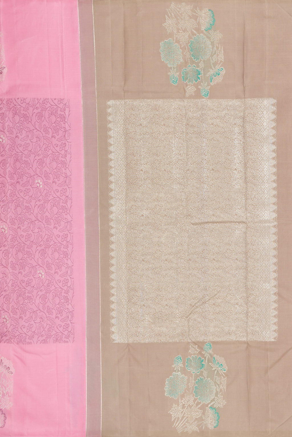 Close up image of the pallu of Pink Kanjivaram Silk Saree with Jacquard design on the body and Fancy Border. 