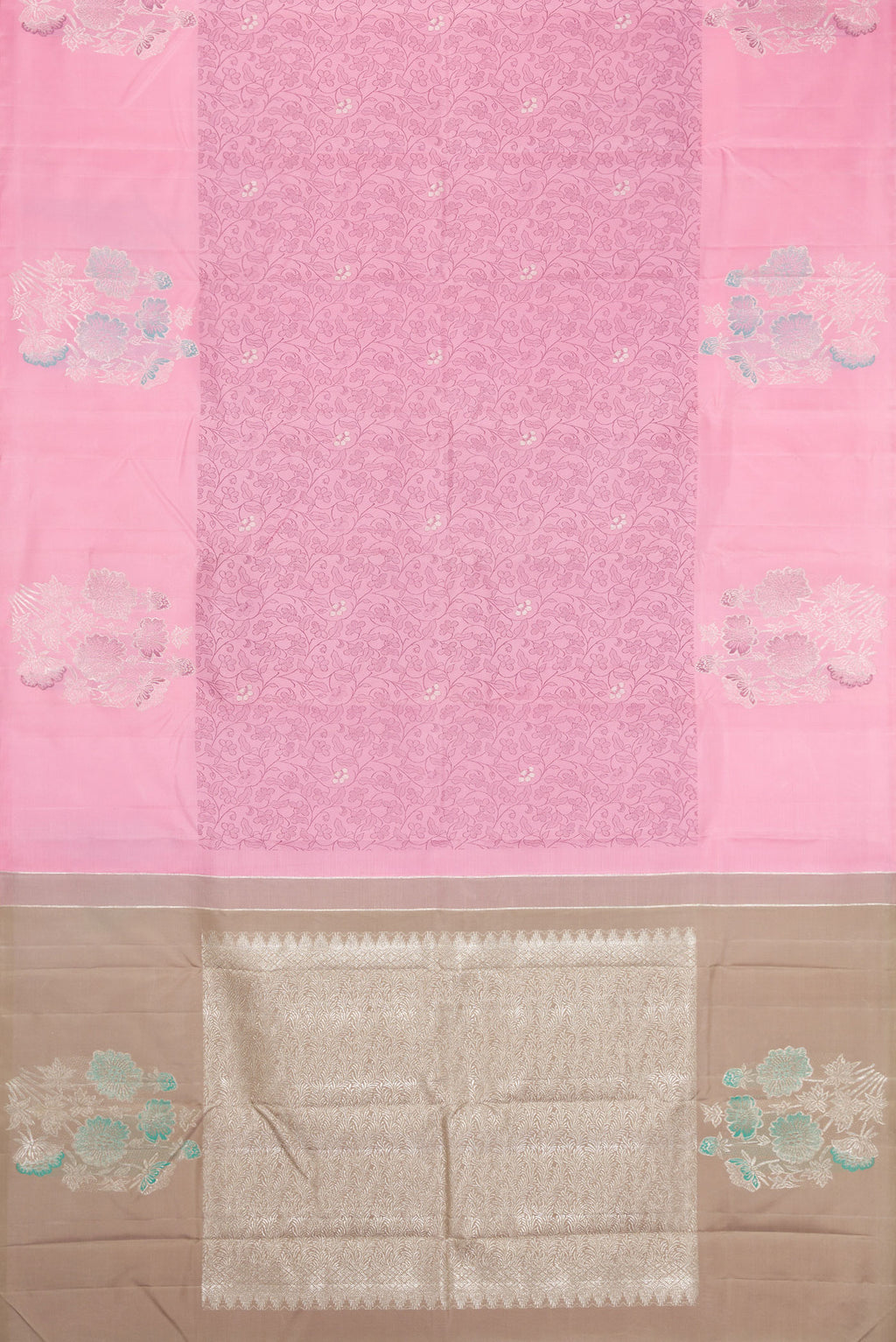 Flat view of Pink Kanjivaram Silk Saree with Jacquard design on the body and Fancy Border. 
