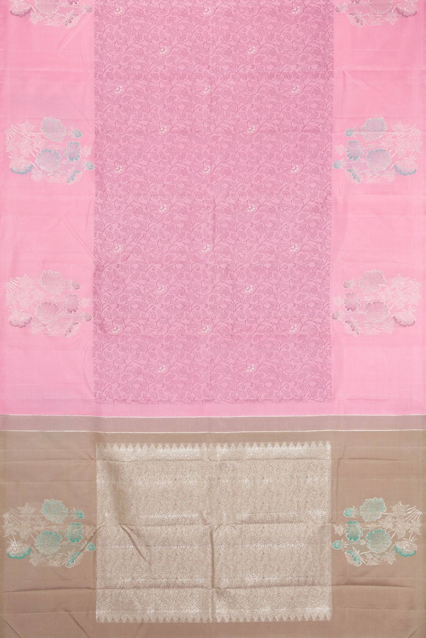 Flat view of Pink Kanjivaram Silk Saree with Jacquard design on the body and Fancy Border. 