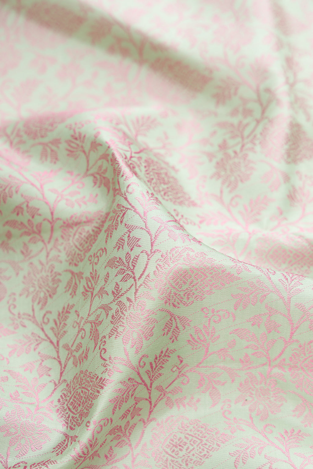 Close up of Light Green Kanjivaram Silk Saree with Jacquard design on the body and Fancy Border.  displaying folds