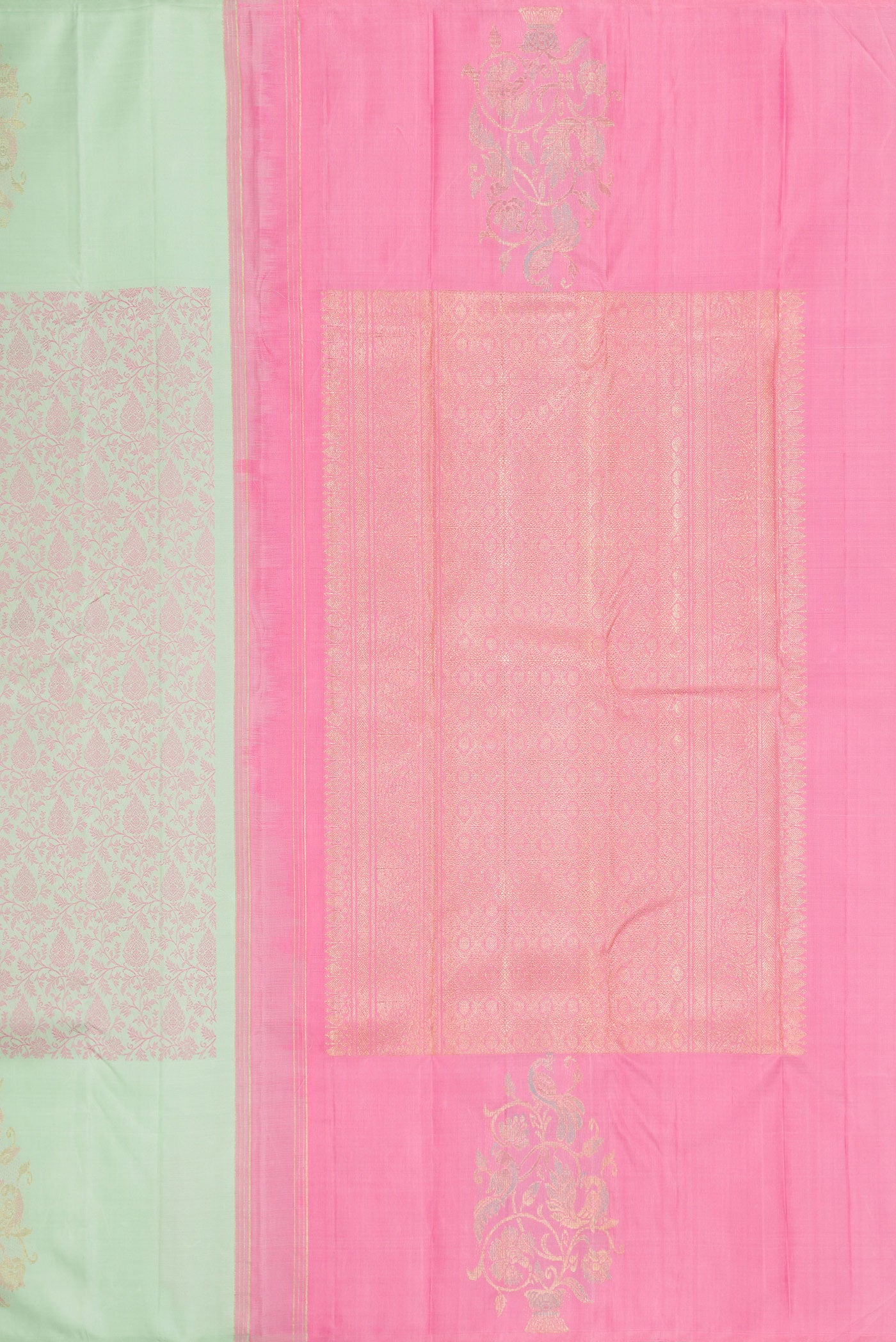 Close up image of the pallu of Light Green Kanjivaram Silk Saree with Jacquard design on the body and Fancy Border. 