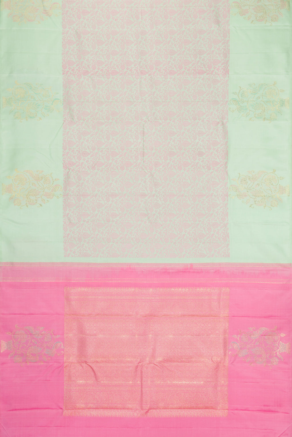Flat view of Light Green Kanjivaram Silk Saree with Jacquard design on the body and Fancy Border. 