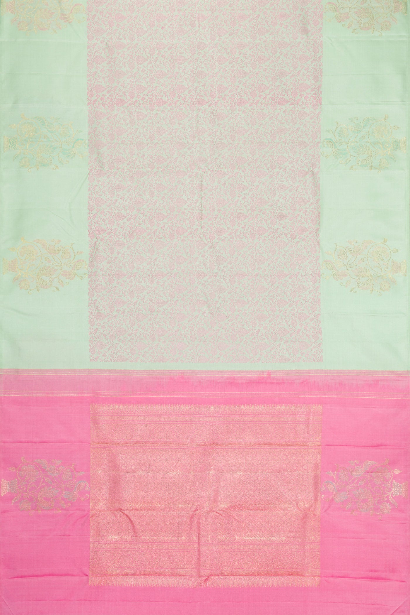 Flat view of Light Green Kanjivaram Silk Saree with Jacquard design on the body and Fancy Border. 