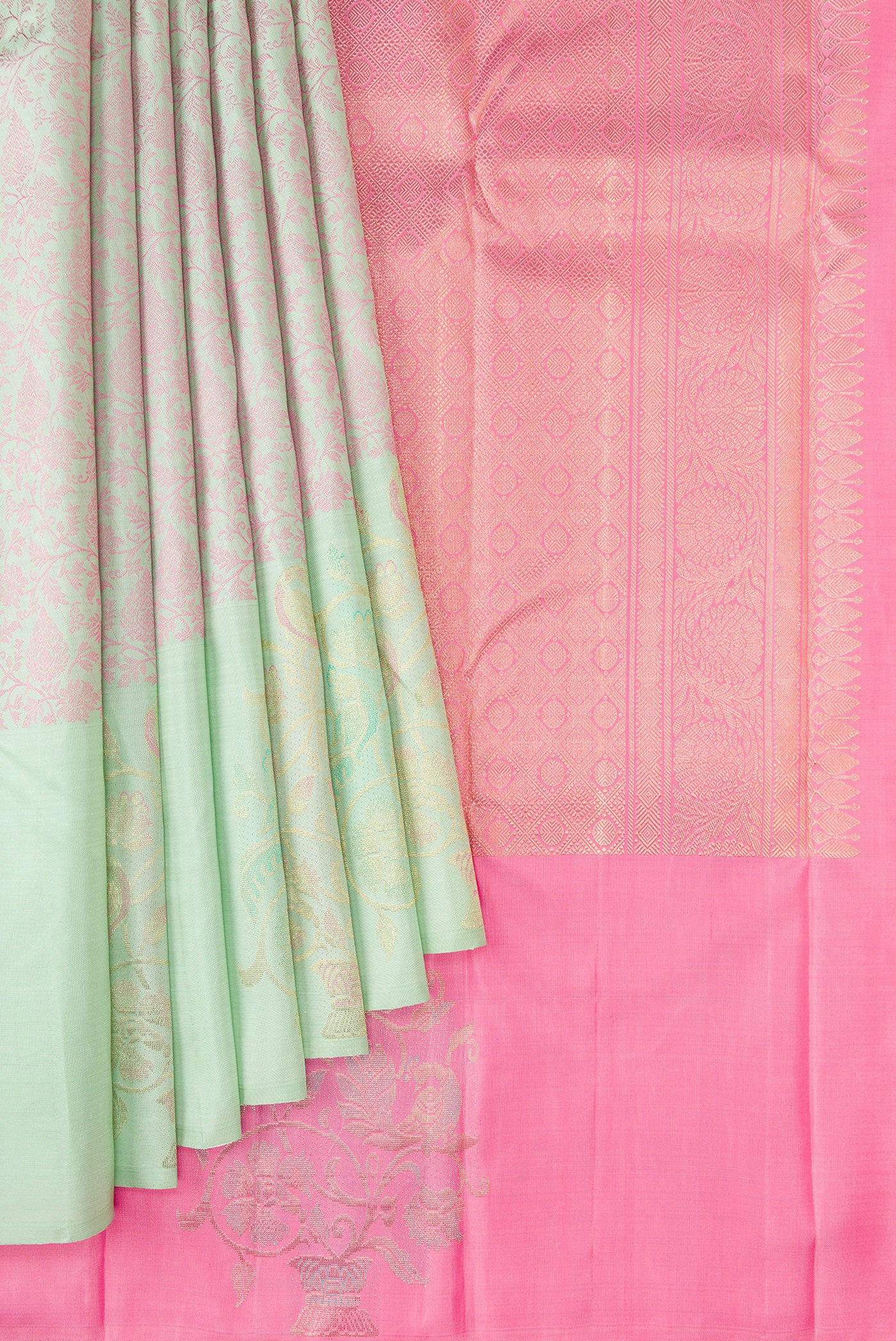 Pleats and pallu of Light Green Kanjivaram Silk Saree with Jacquard design on the body and Fancy Border. 