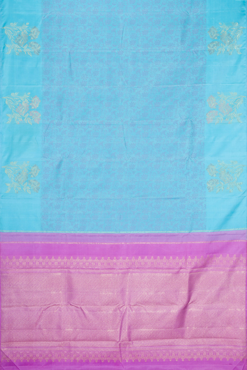 Flat view of Sky Blue Kanjivaram Silk Saree with Jacquard design on the body and Fancy Border. 