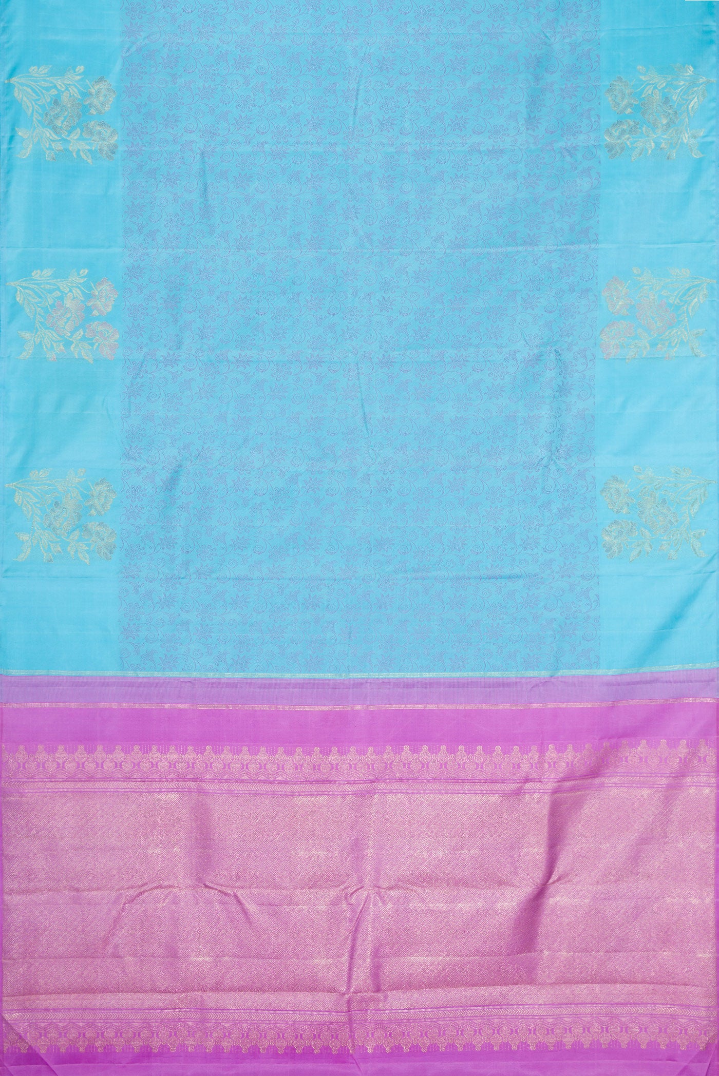 Flat view of Sky Blue Kanjivaram Silk Saree with Jacquard design on the body and Fancy Border. 