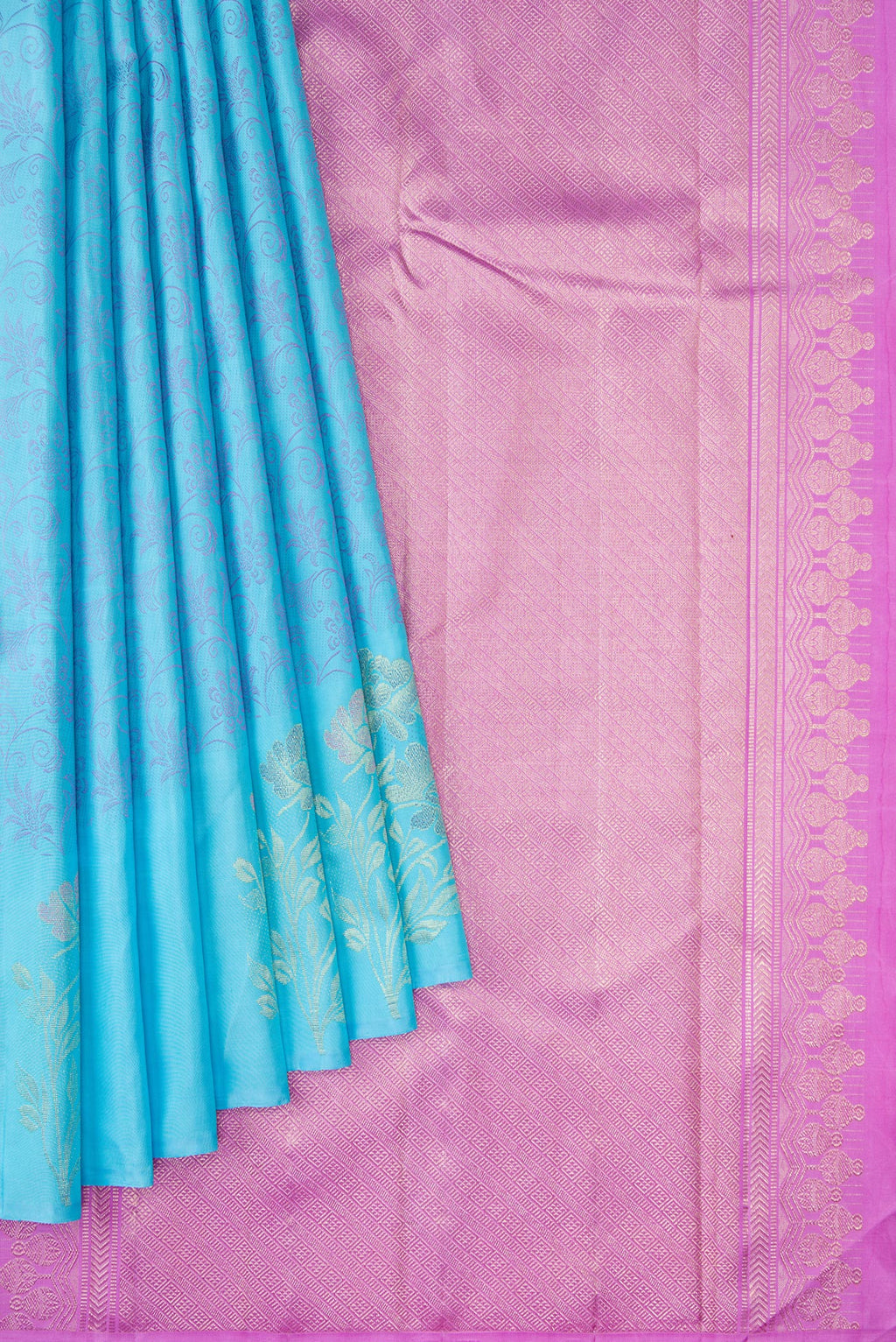 Pleats and pallu of Sky Blue Kanjivaram Silk Saree with Jacquard design on the body and Fancy Border. 