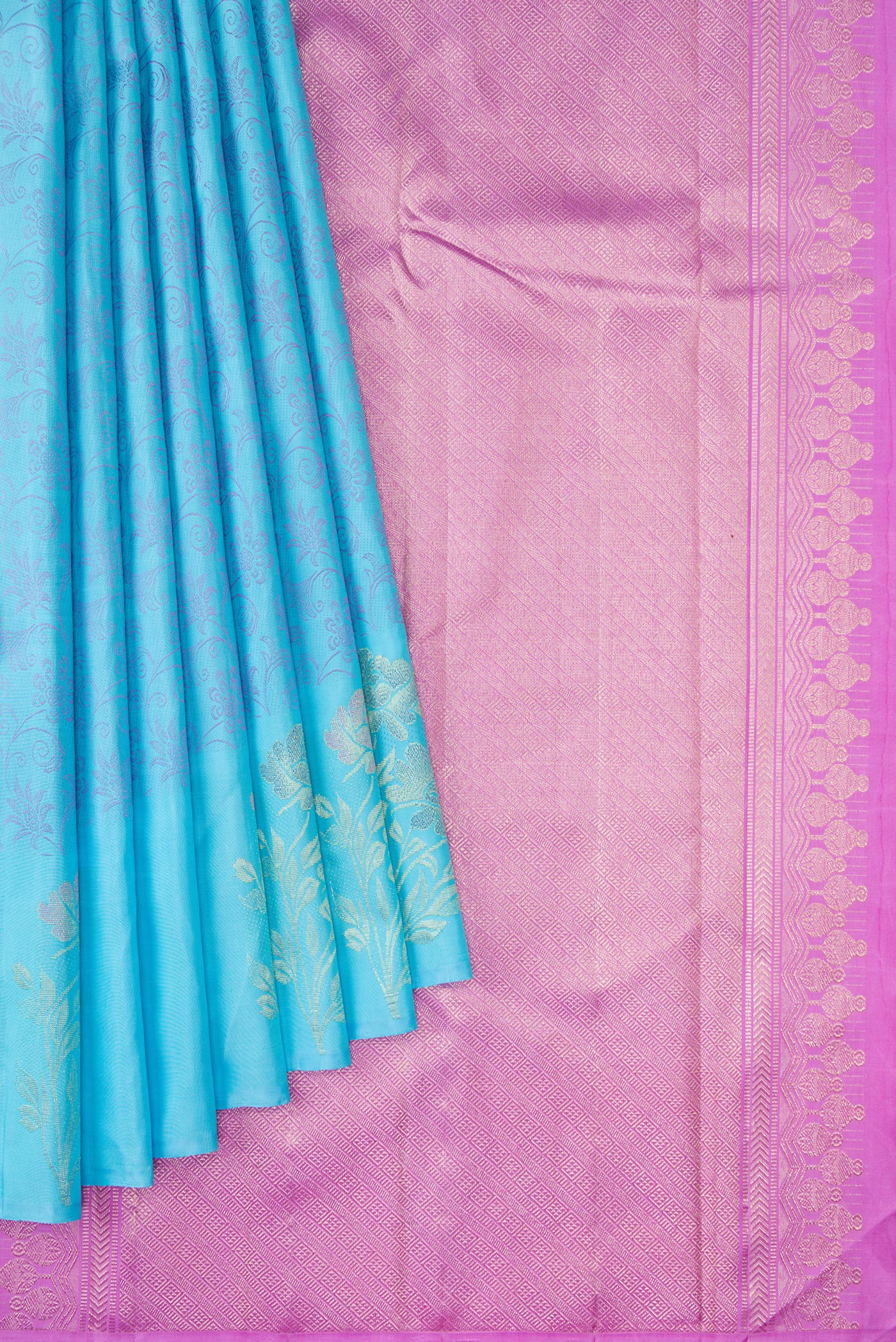 Pleats and pallu of Sky Blue Kanjivaram Silk Saree with Jacquard design on the body and Fancy Border. 
