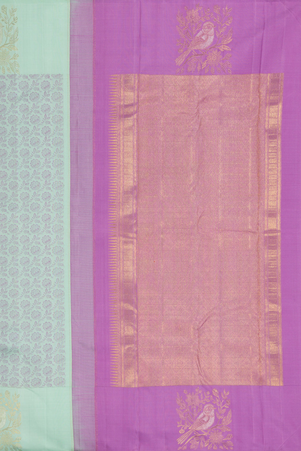 Close up image of the pallu of Light Blue Kanjivaram Silk Saree with Jacquard design on the body and Fancy Border. 