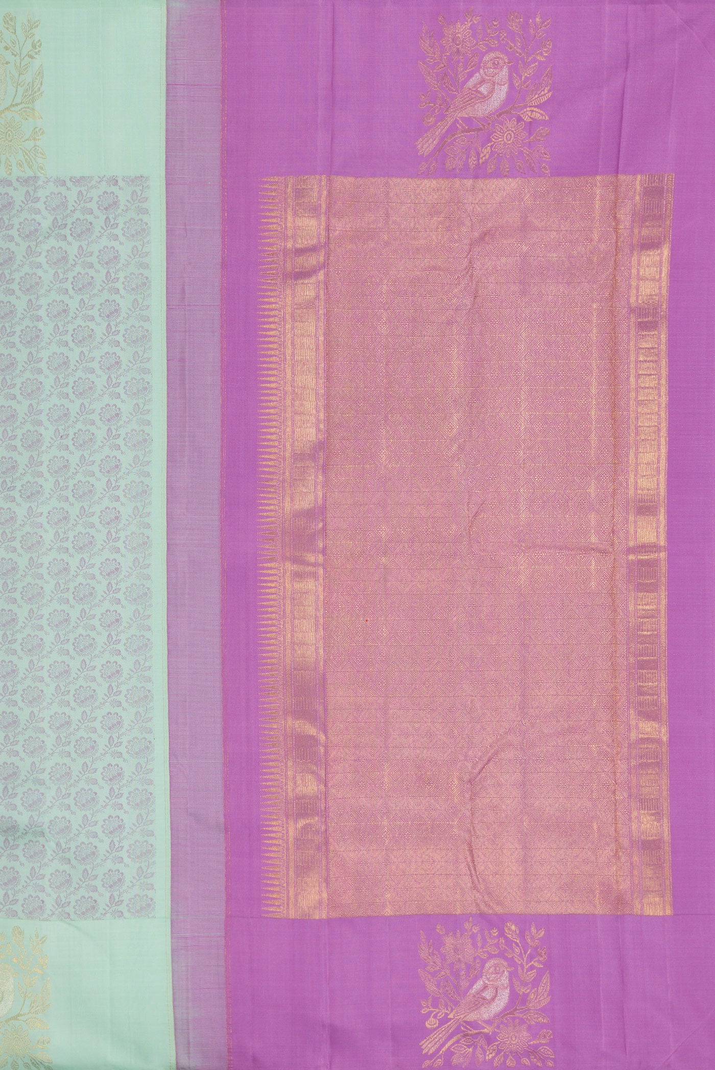 Close up image of the pallu of Light Blue Kanjivaram Silk Saree with Jacquard design on the body and Fancy Border. 