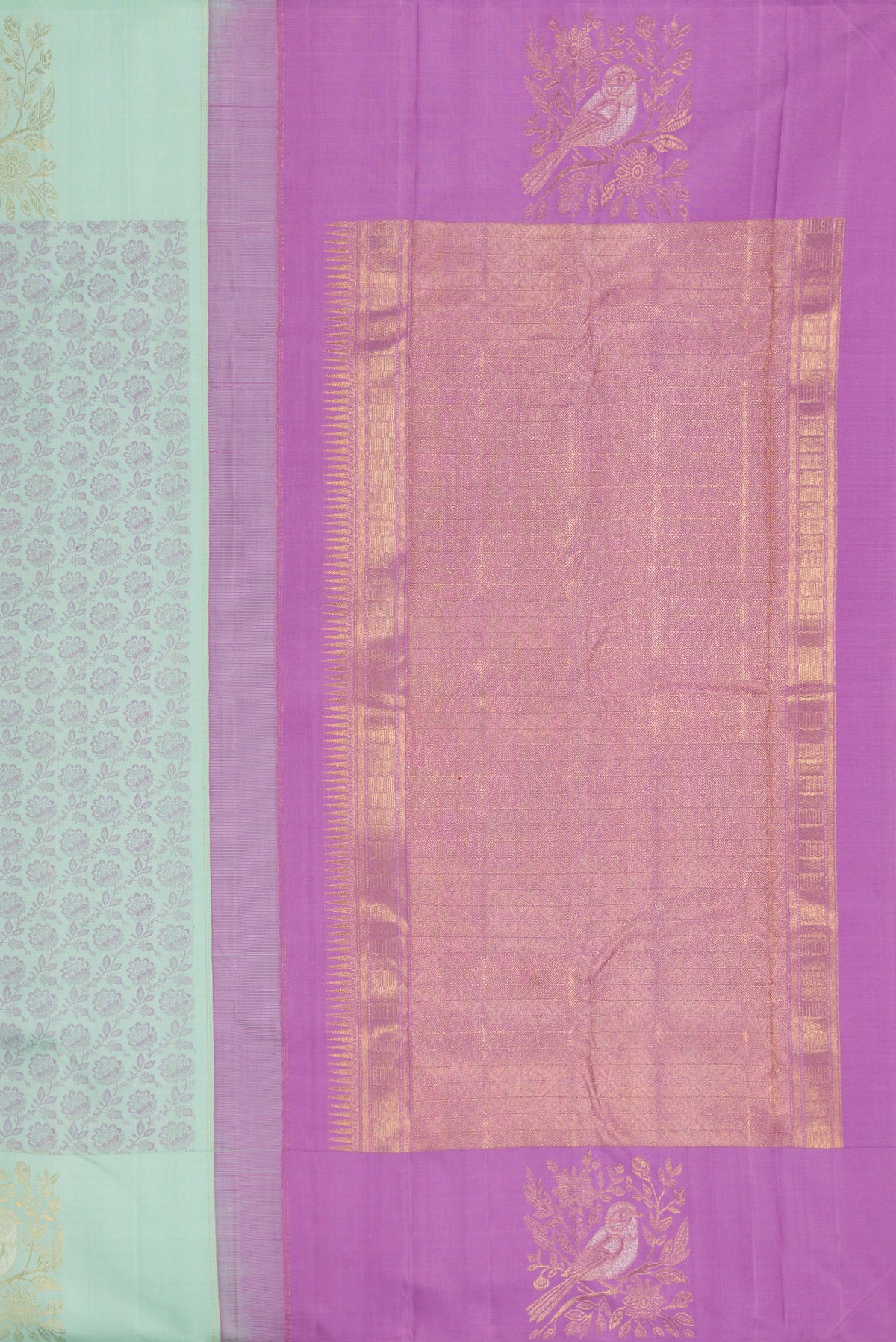 Close up image of the pallu of Light Blue Kanjivaram Silk Saree with Jacquard design on the body and Fancy Border. 
