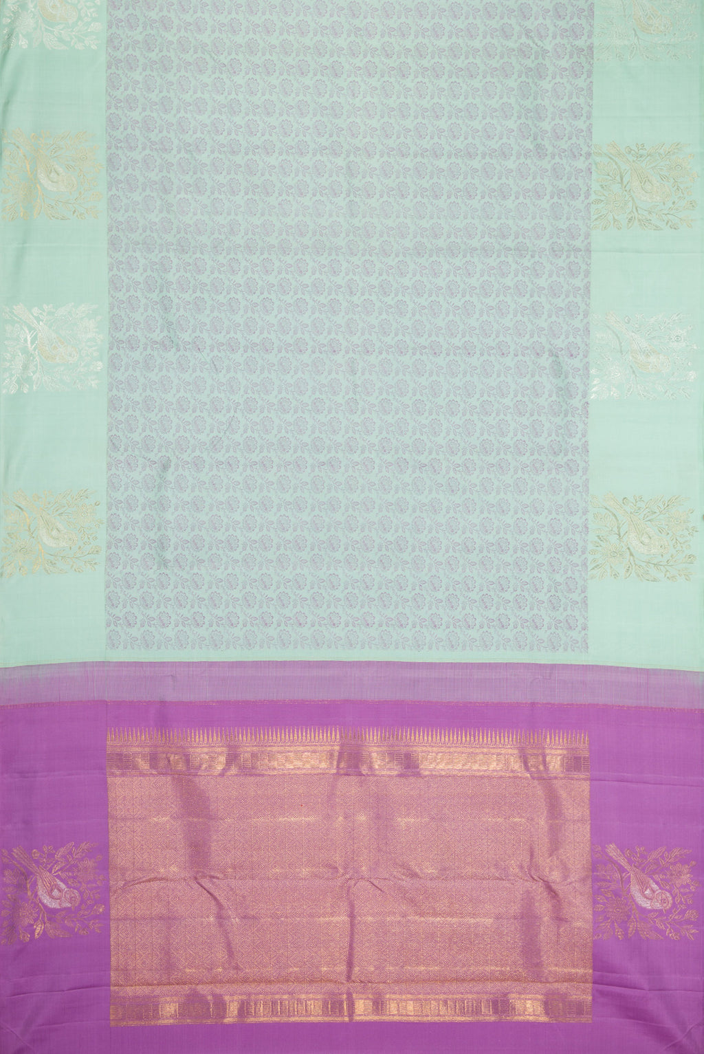 Flat view of Light Blue Kanjivaram Silk Saree with Jacquard design on the body and Fancy Border. 