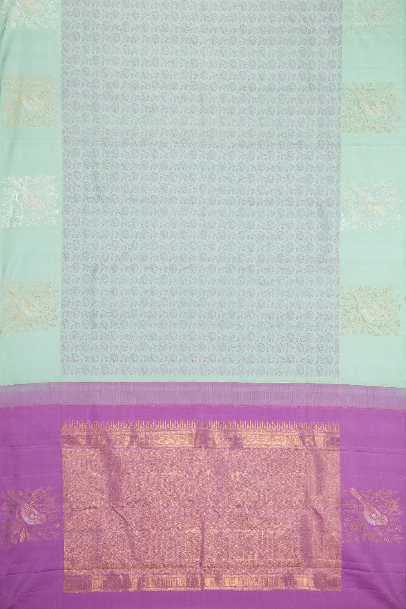 Flat view of Light Blue Kanjivaram Silk Saree with Jacquard design on the body and Fancy Border. 