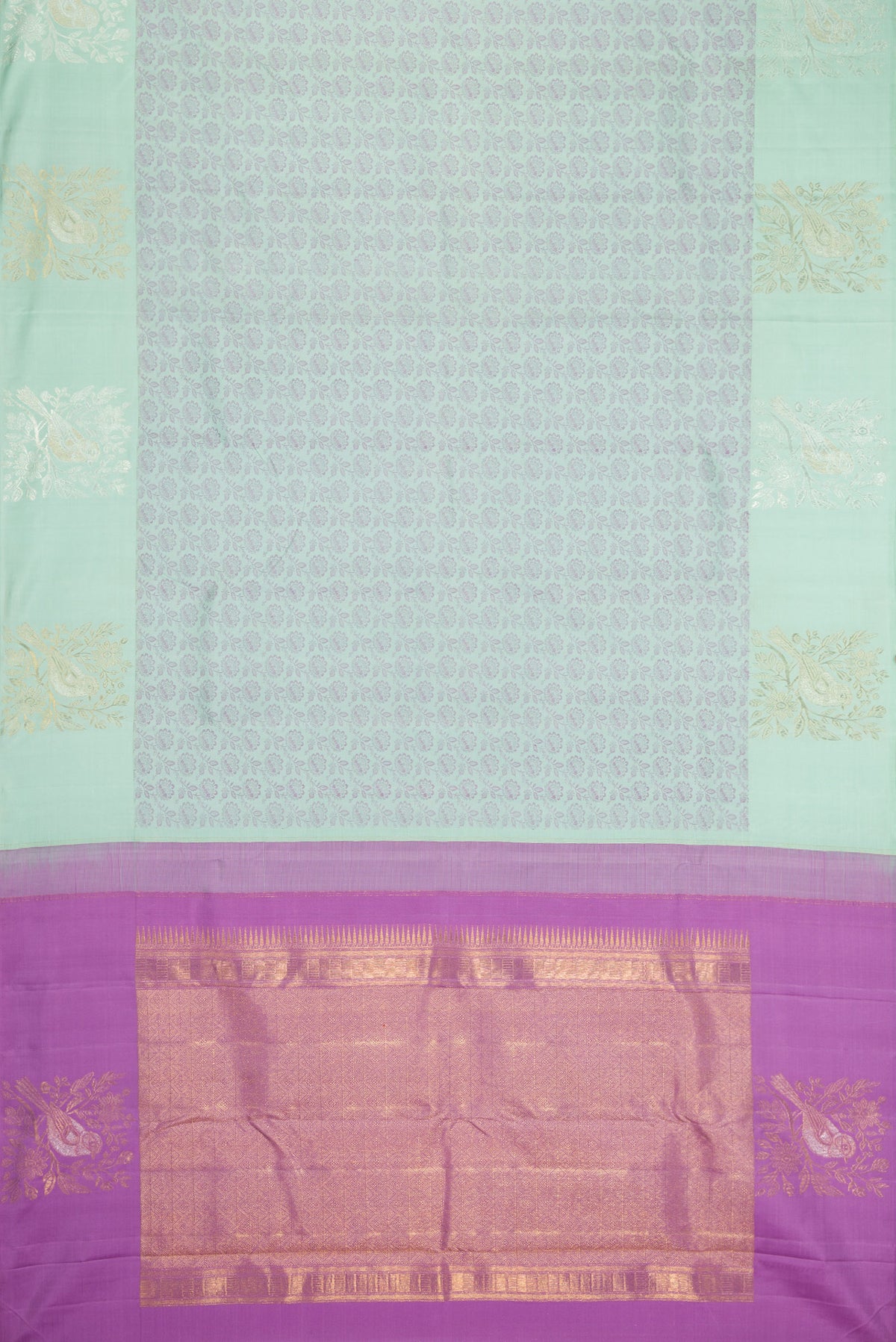 Flat view of Light Blue Kanjivaram Silk Saree with Jacquard design on the body and Fancy Border. 