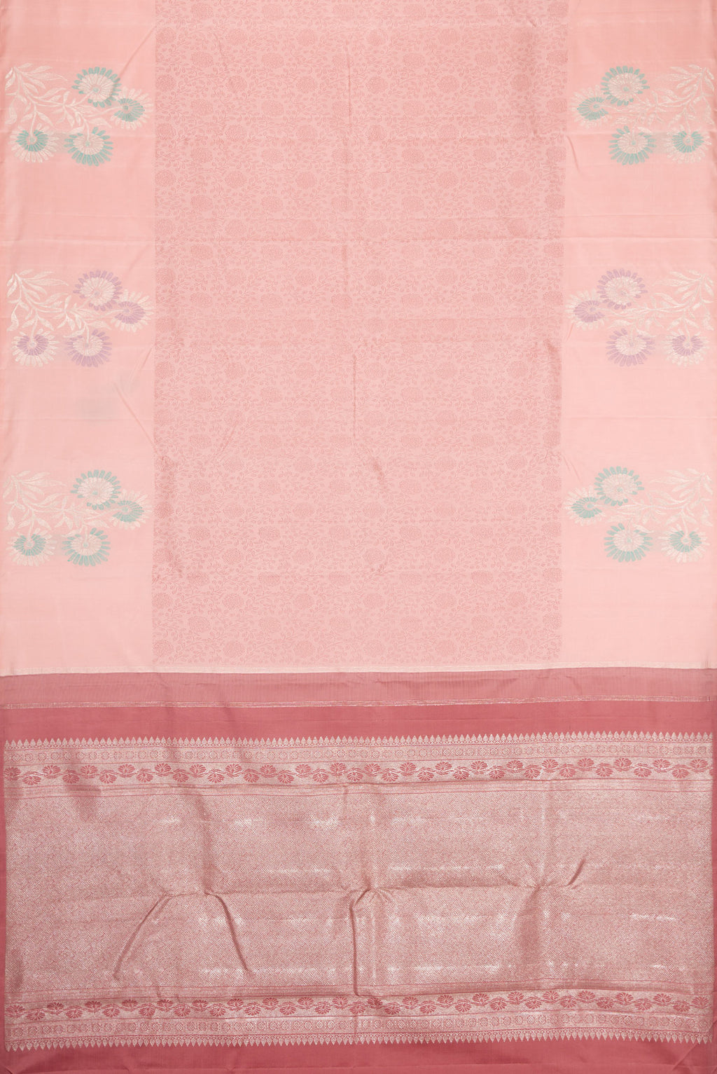 Flat view of Peach Kanjivaram Silk Saree with Jacquard design on the body and Fancy Border. 