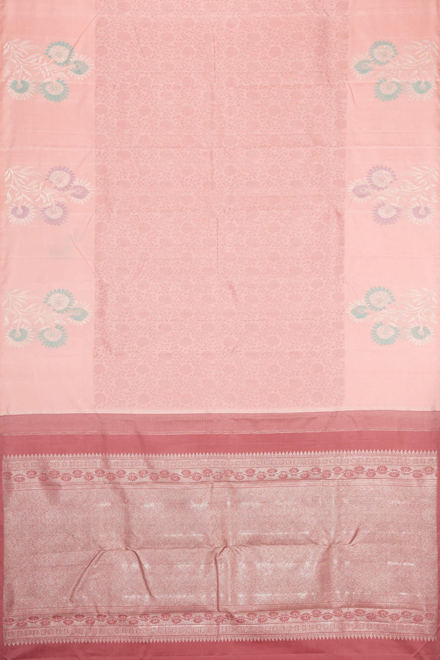 Flat view of Peach Kanjivaram Silk Saree with Jacquard design on the body and Fancy Border. 