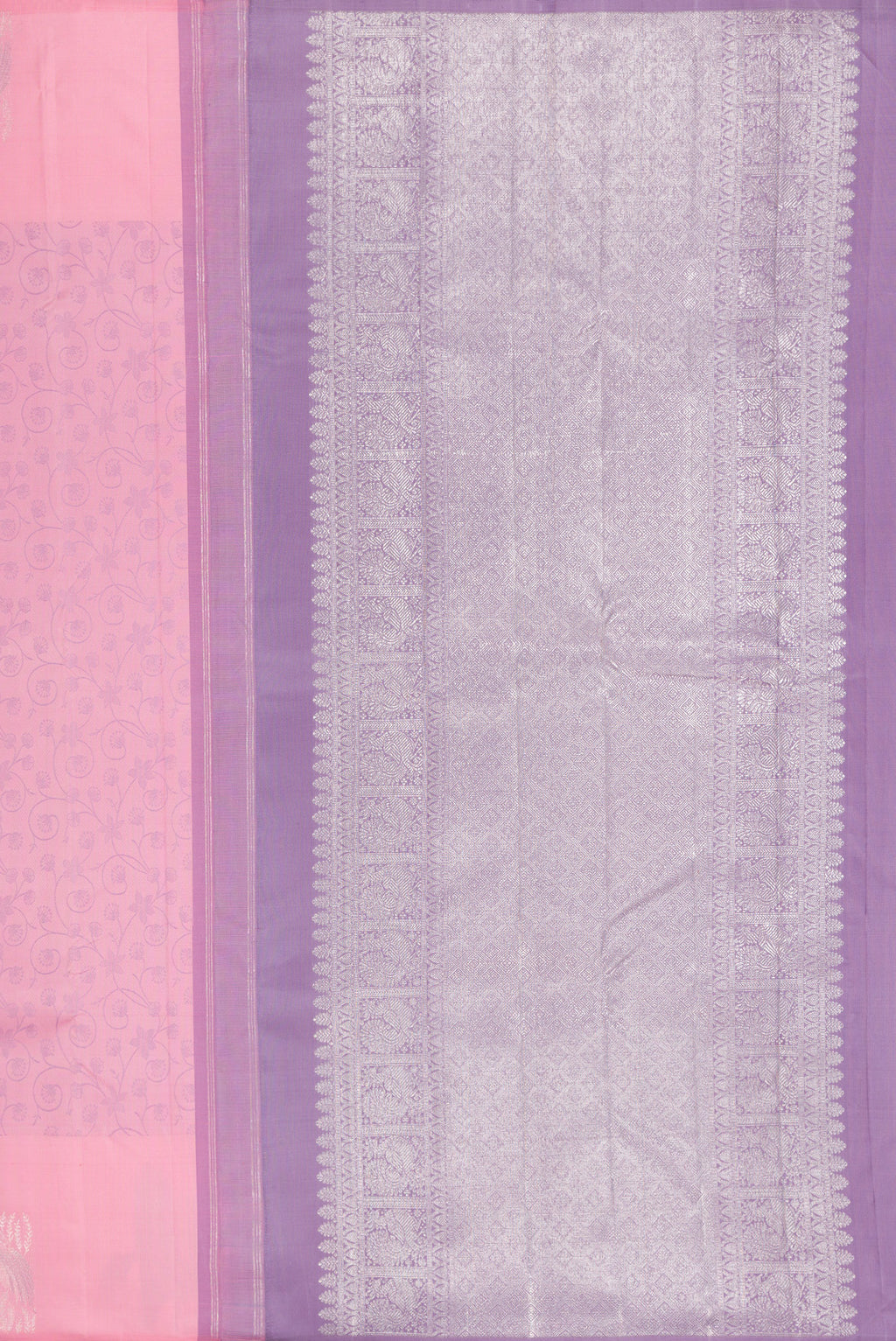 Close up image of the pallu of Pink Kanjivaram Silk Saree with Jacquard design on the body and Fancy Border. 