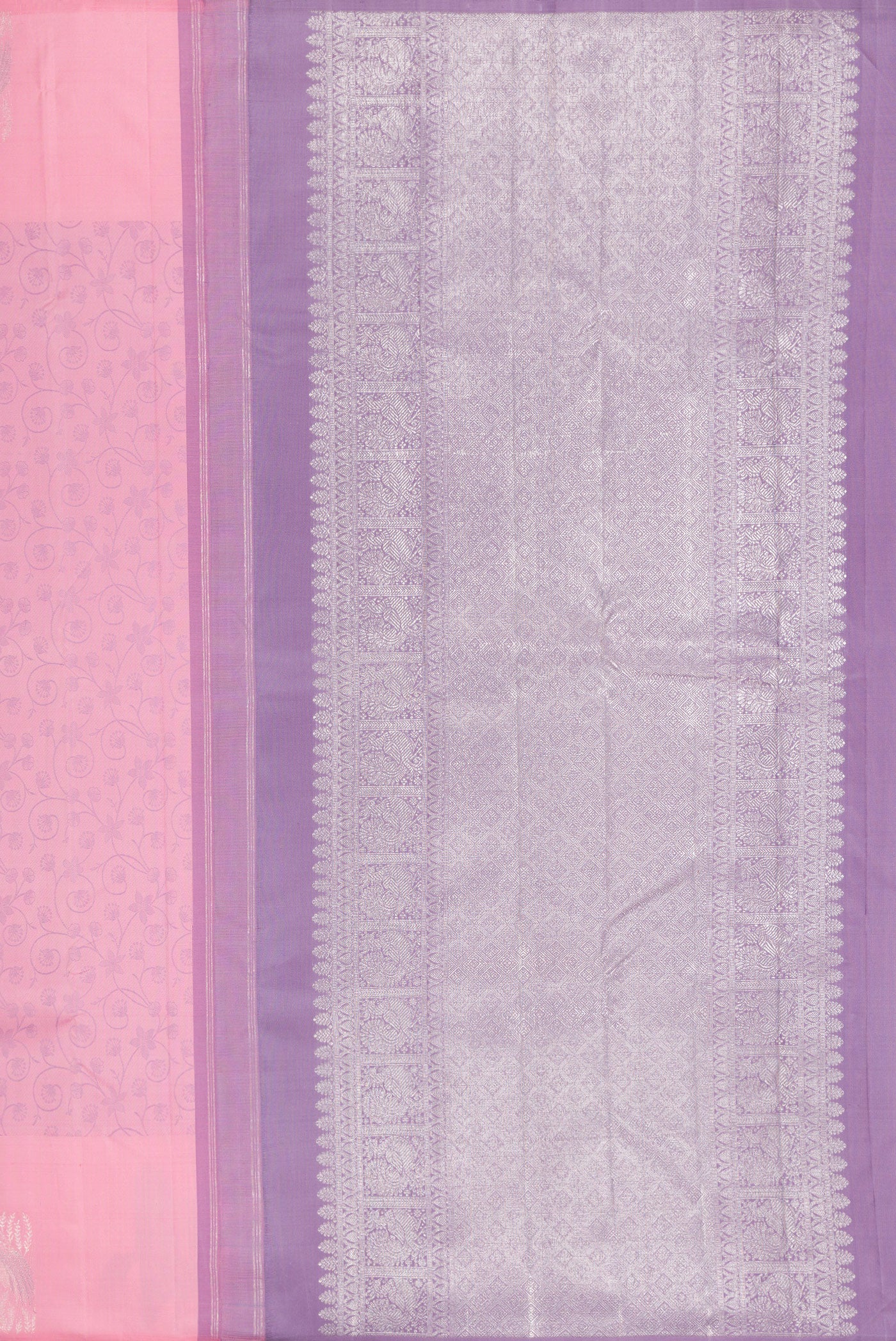 Close up image of the pallu of Pink Kanjivaram Silk Saree with Jacquard design on the body and Fancy Border. 
