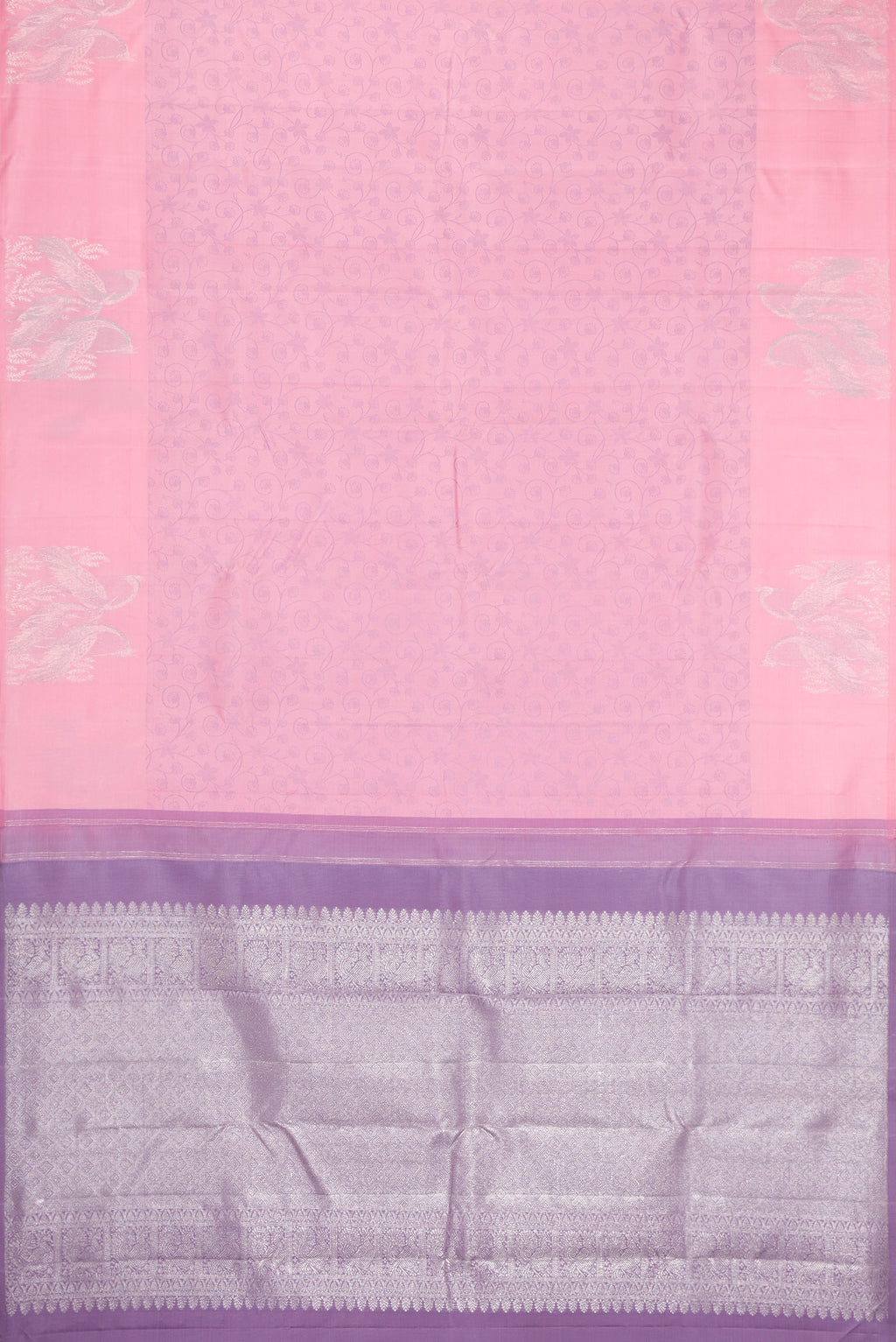 Flat view of Pink Kanjivaram Silk Saree with Jacquard design on the body and Fancy Border. 