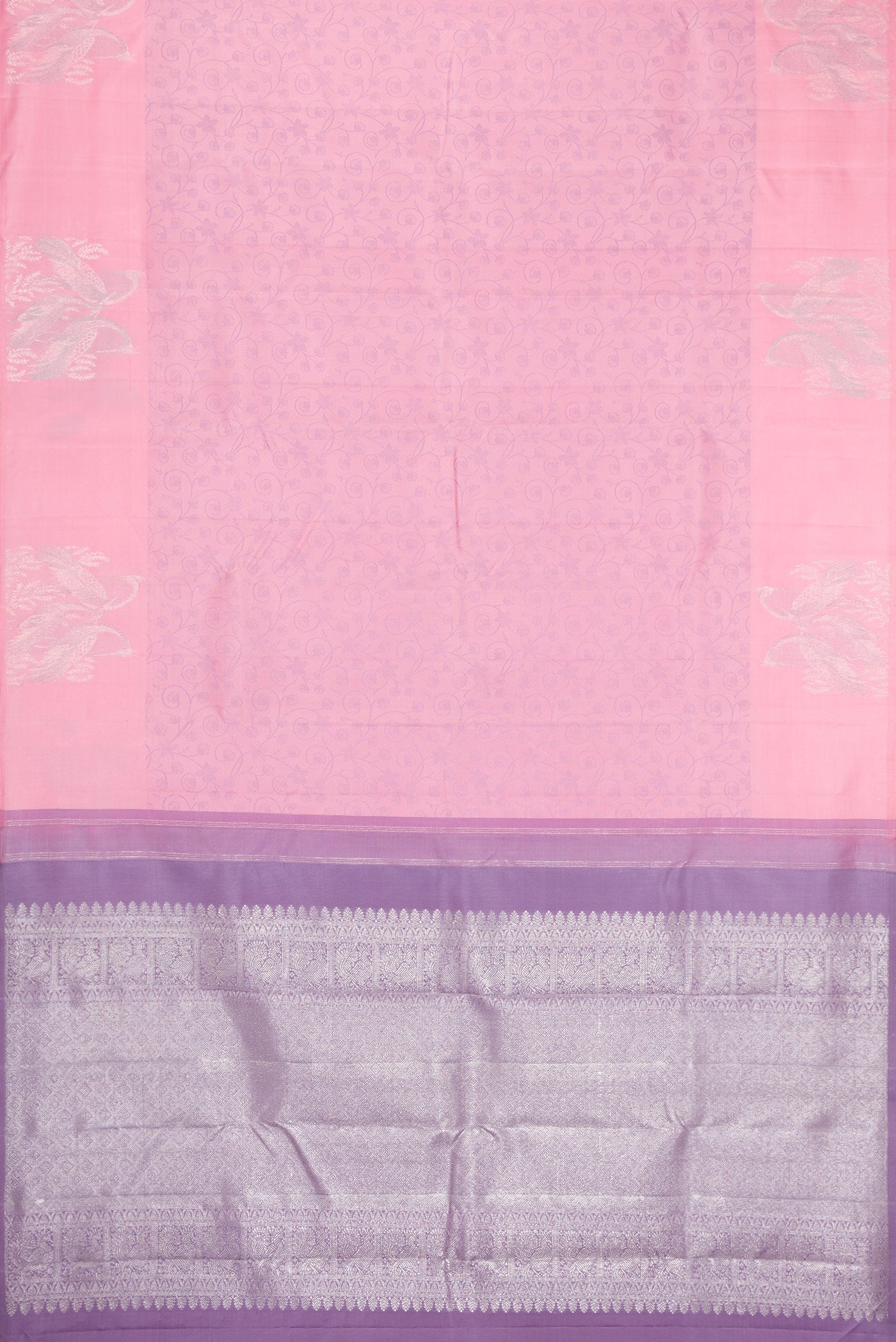 Flat view of Pink Kanjivaram Silk Saree with Jacquard design on the body and Fancy Border. 