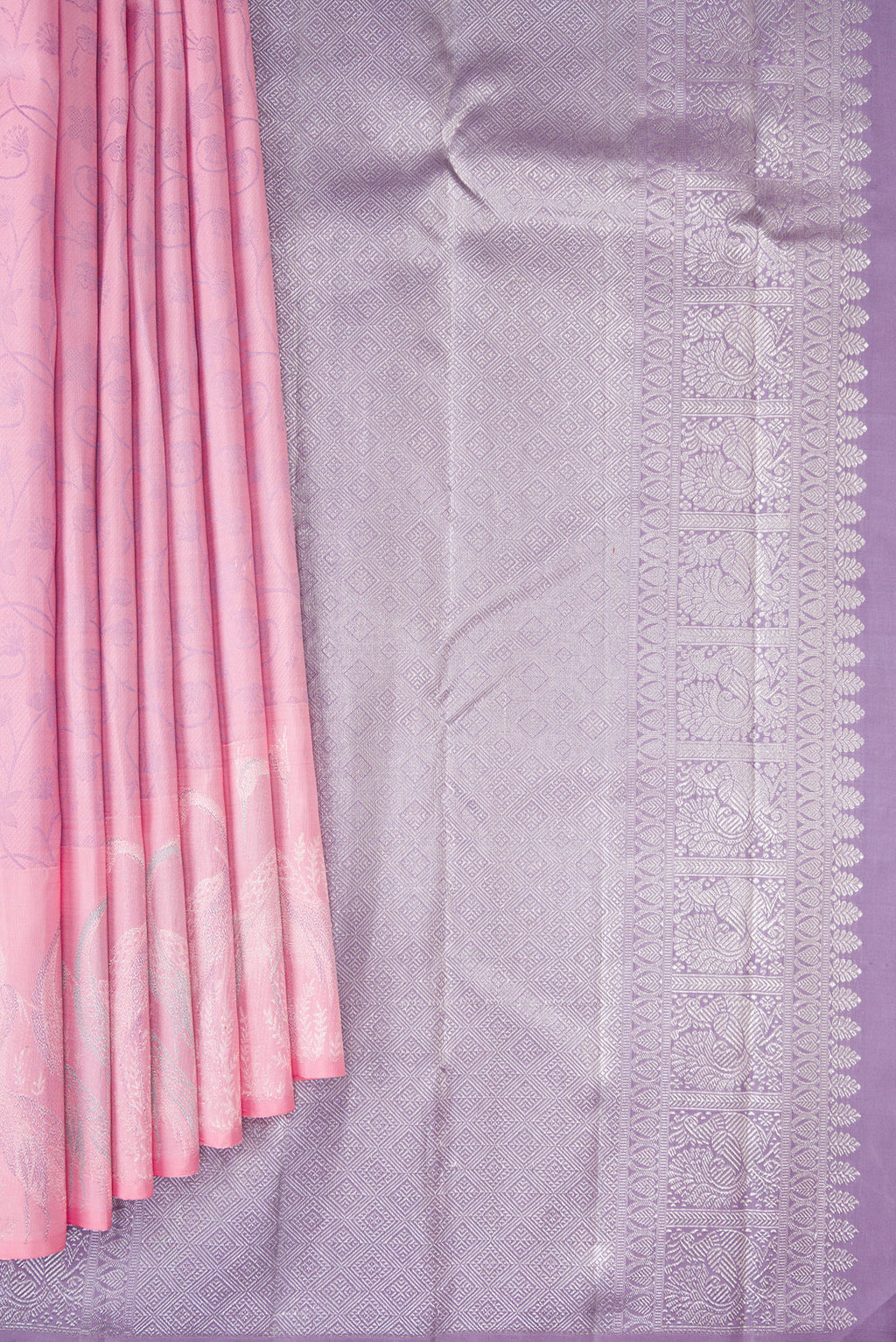 Pleats and pallu of Pink Kanjivaram Silk Saree with Jacquard design on the body and Fancy Border. 