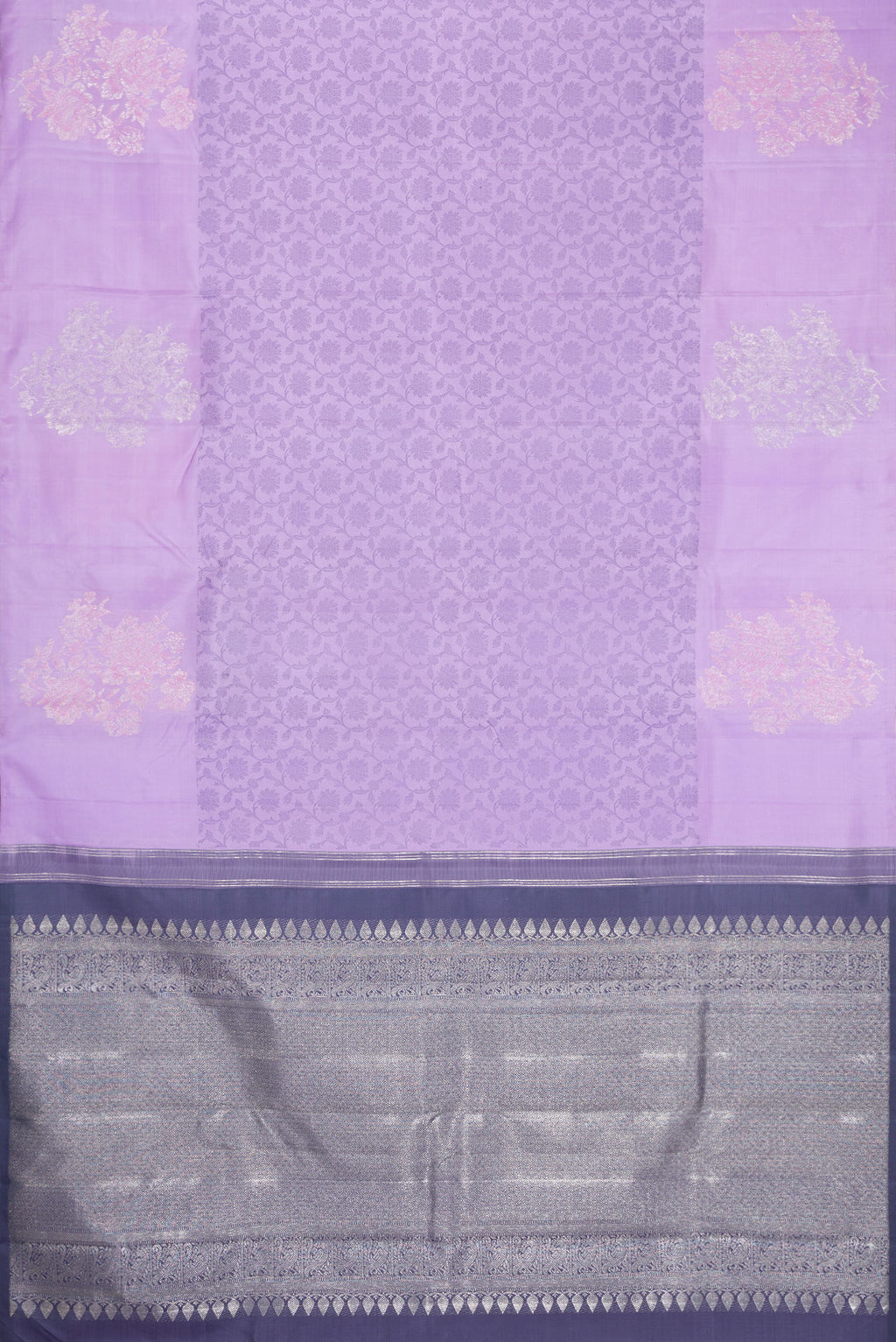 Flat view of Lavender Kanjivaram Silk Saree with Jacquard design on the body and Fancy Border. 