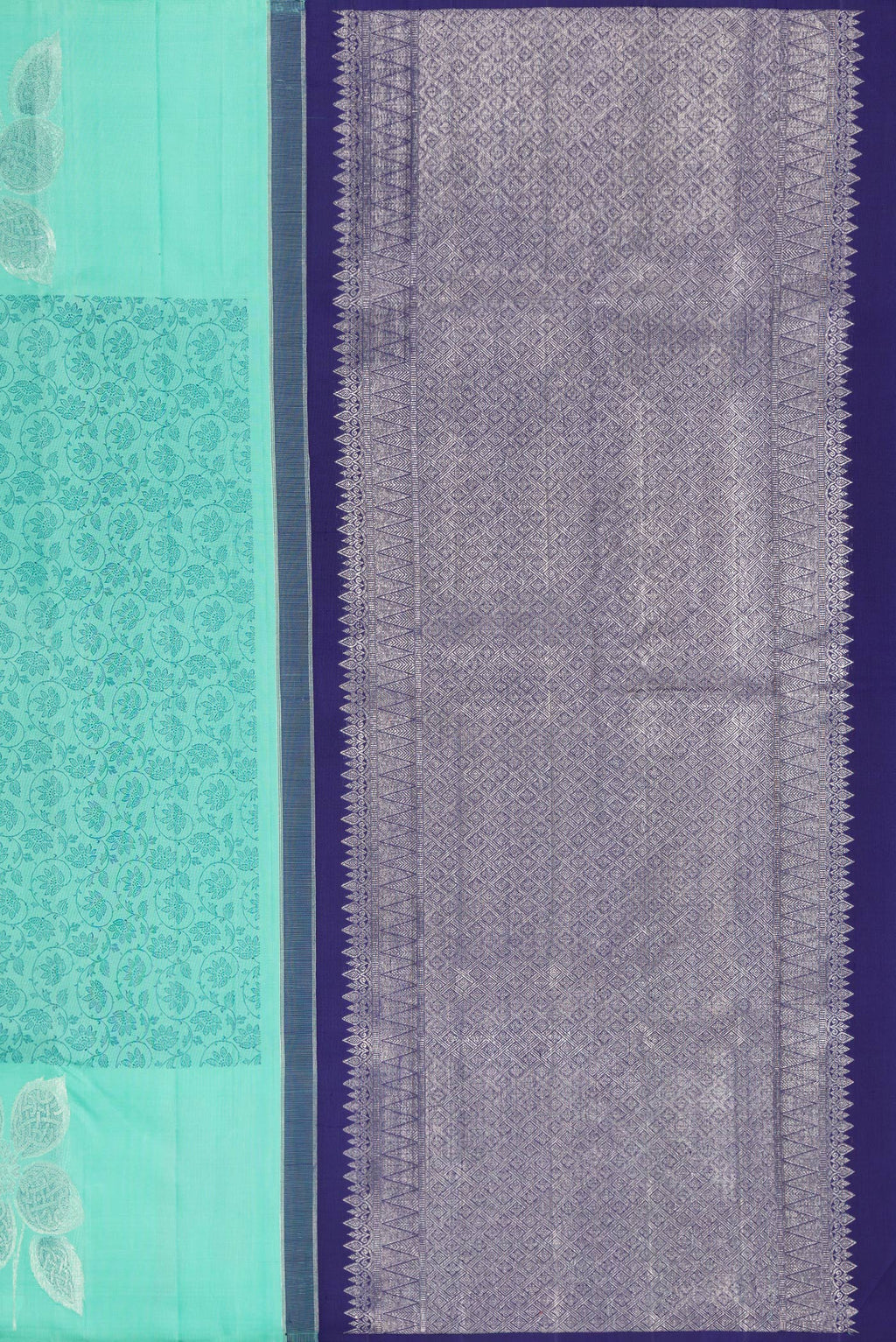 Close up image of the pallu of Sea Green Kanjivaram Silk Saree with Jacquard design on the body and Fancy Border. 