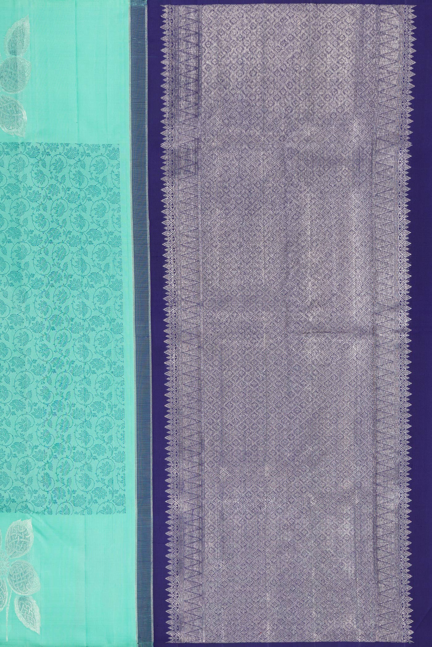 Close up image of the pallu of Sea Green Kanjivaram Silk Saree with Jacquard design on the body and Fancy Border. 