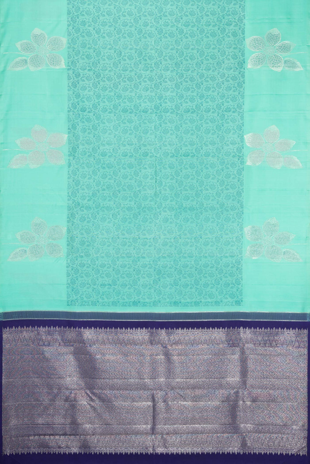 Flat view of Sea Green Kanjivaram Silk Saree with Jacquard design on the body and Fancy Border. 