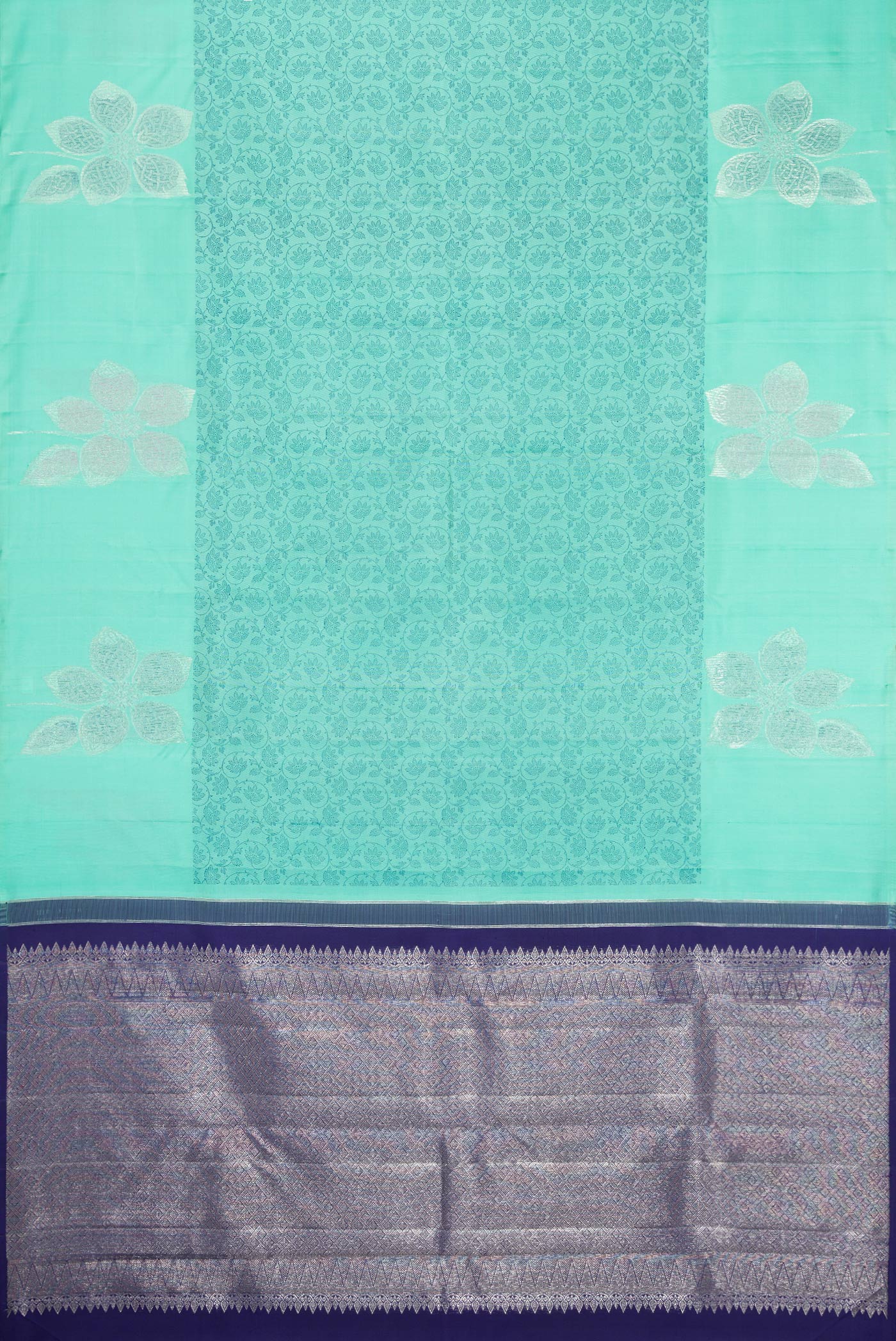 Flat view of Sea Green Kanjivaram Silk Saree with Jacquard design on the body and Fancy Border. 