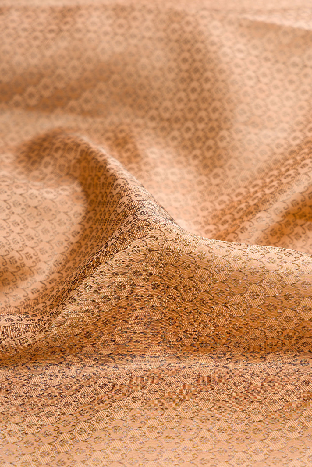 Close up of Peach Kanjivaram Silk Saree with Zari Brocade on the body and Zari Border.  displaying folds