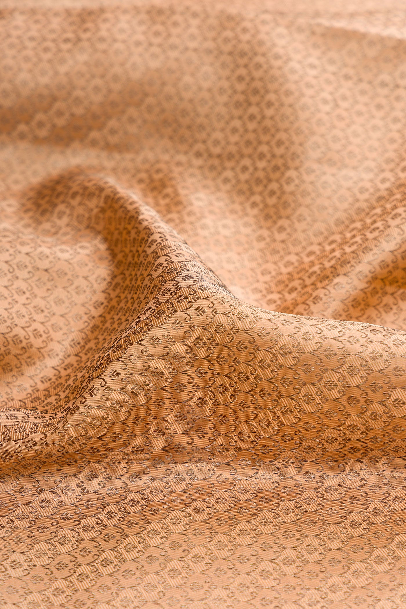 Close up of Peach Kanjivaram Silk Saree with Zari Brocade on the body and Zari Border.  displaying folds
