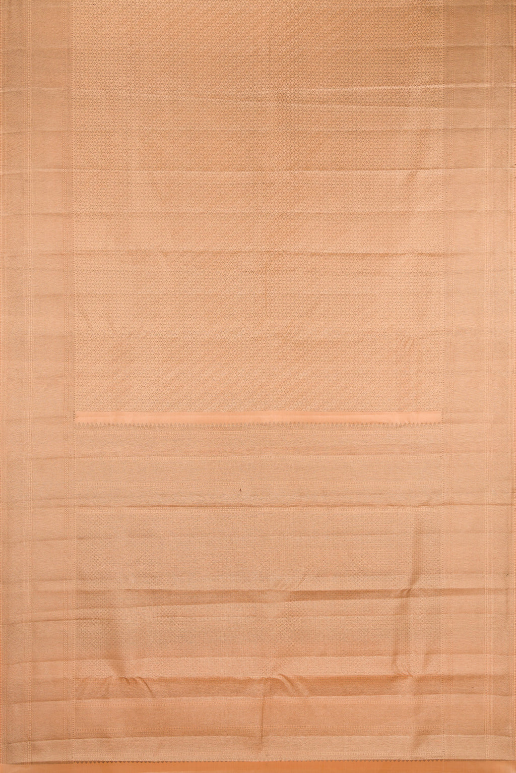 Flat view of Peach Kanjivaram Silk Saree with Zari Brocade on the body and Zari Border. 