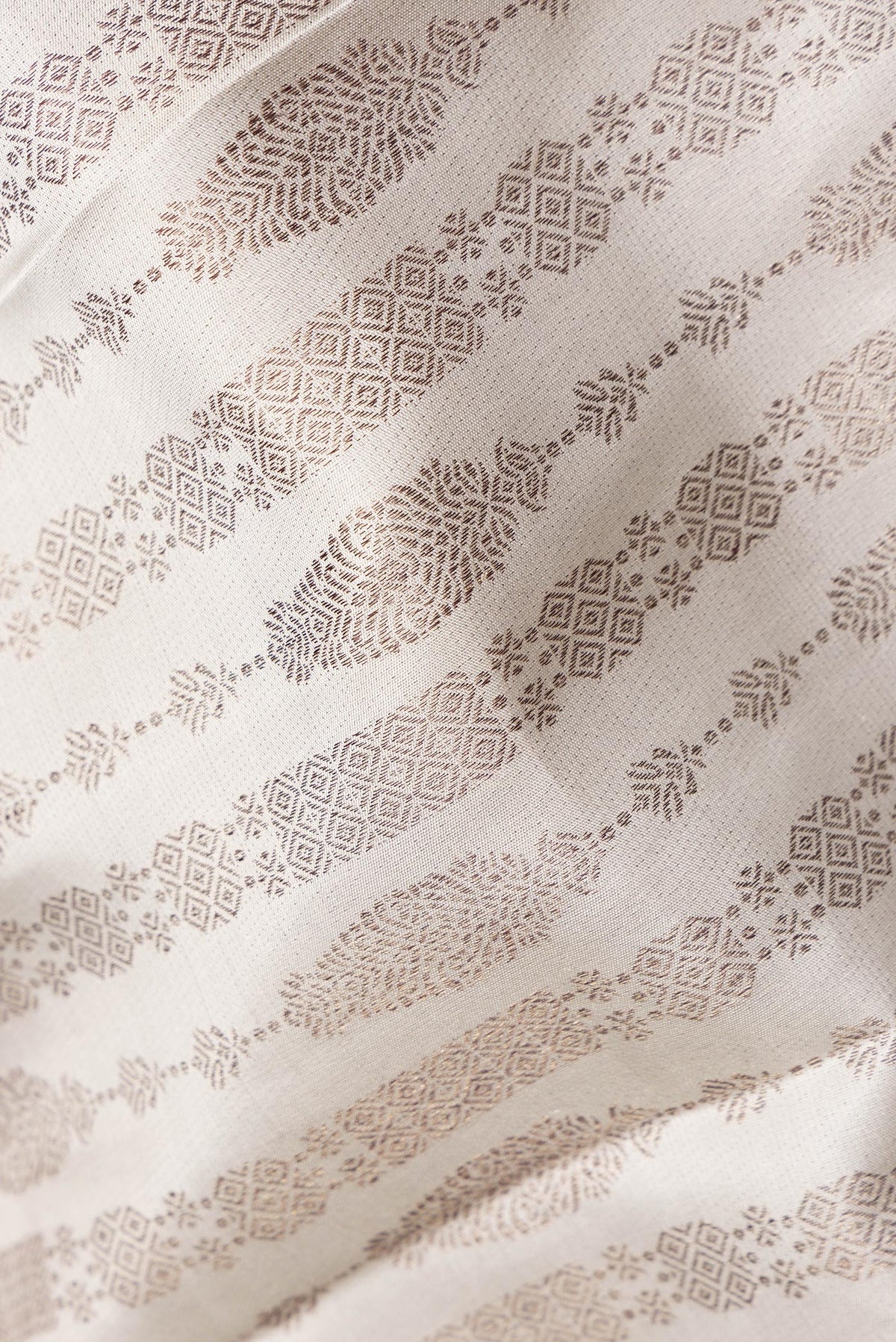 Close up of Pure Silk Grey Dual Tone Kanjivaram Saree with Zari Brocade on the body and Fancy Border.  displaying folds