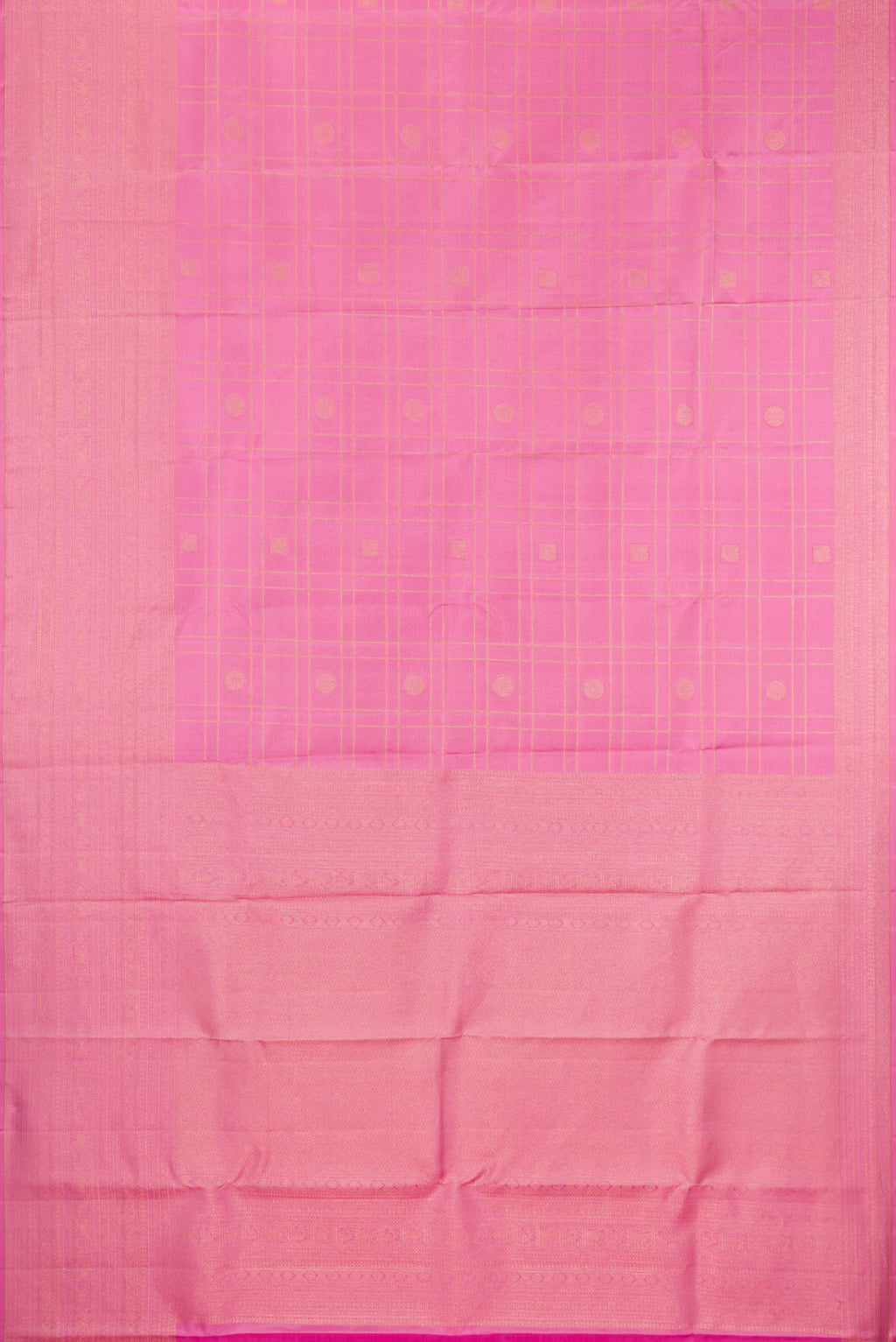 Flat view of Rose pink Kanjivaram Silk Saree with Checked design on the body and Zari Border. 