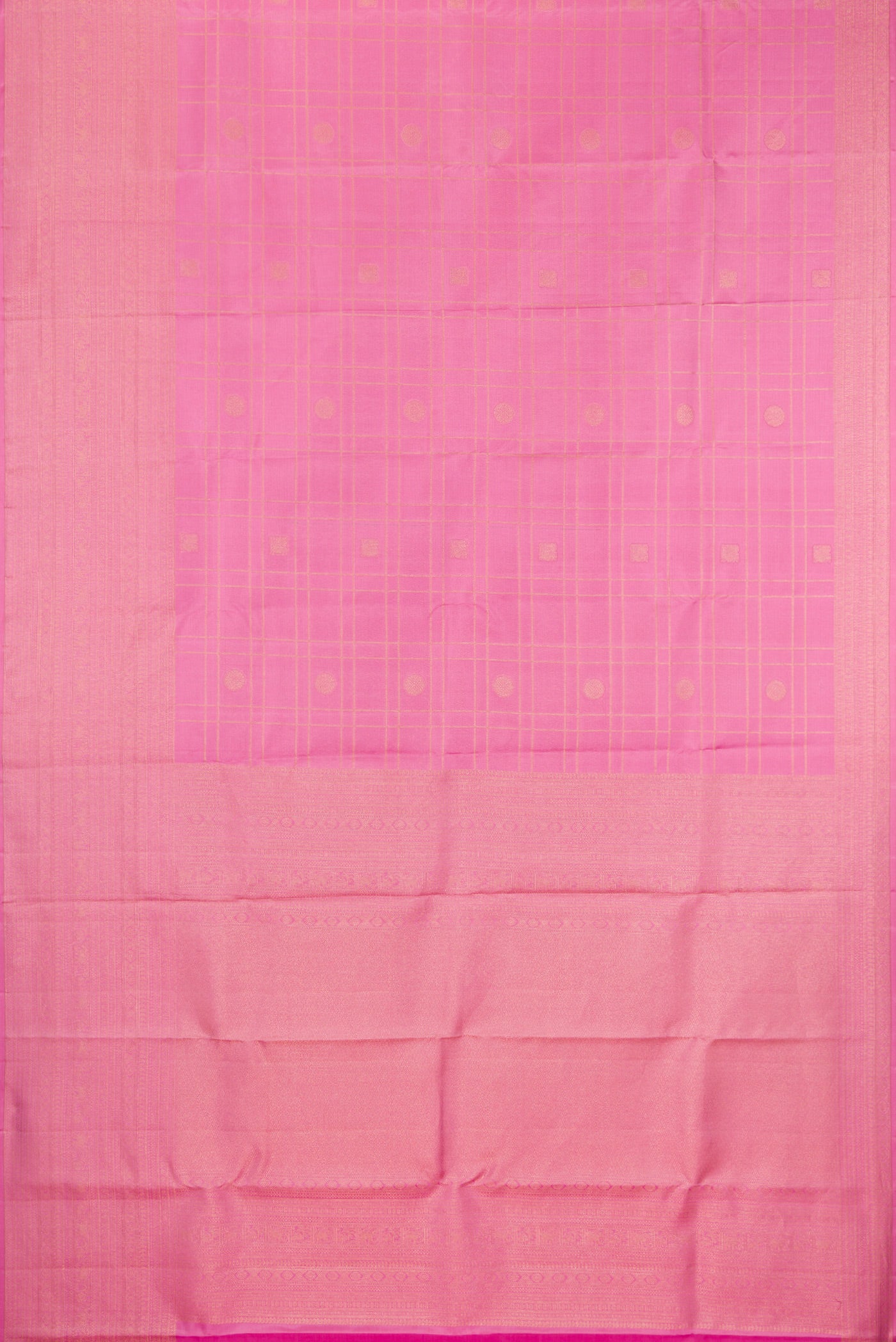 Flat view of Rose pink Kanjivaram Silk Saree with Checked design on the body and Zari Border. 