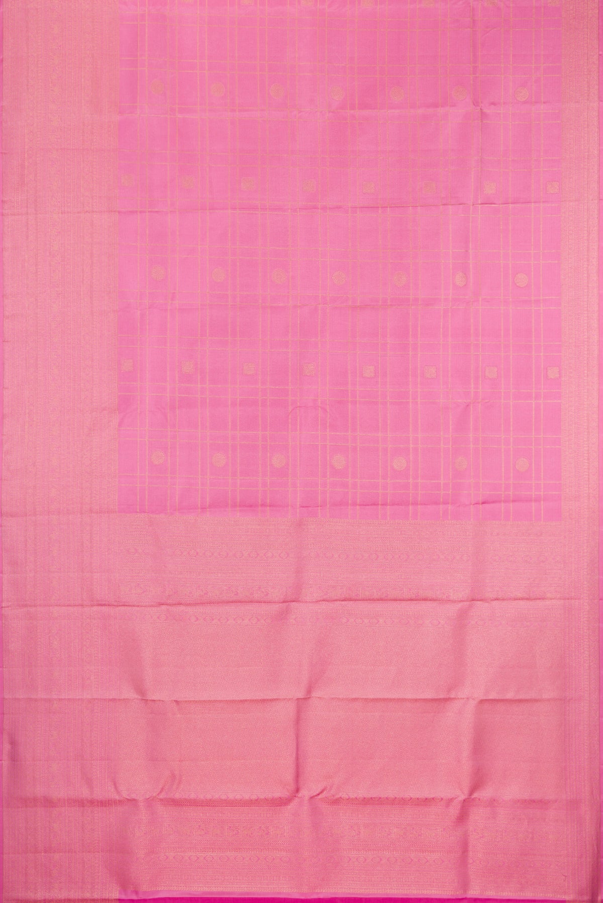 Flat view of Rose pink Kanjivaram Silk Saree with Checked design on the body and Zari Border. 